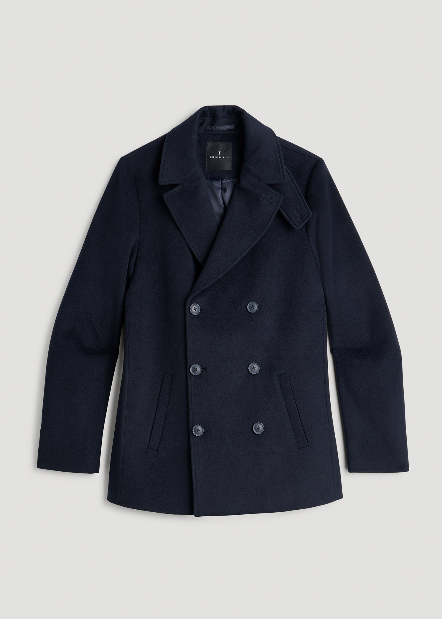 American Tall Men Double-Breasted Wool Peacoat for Tall Men in Deep Navy