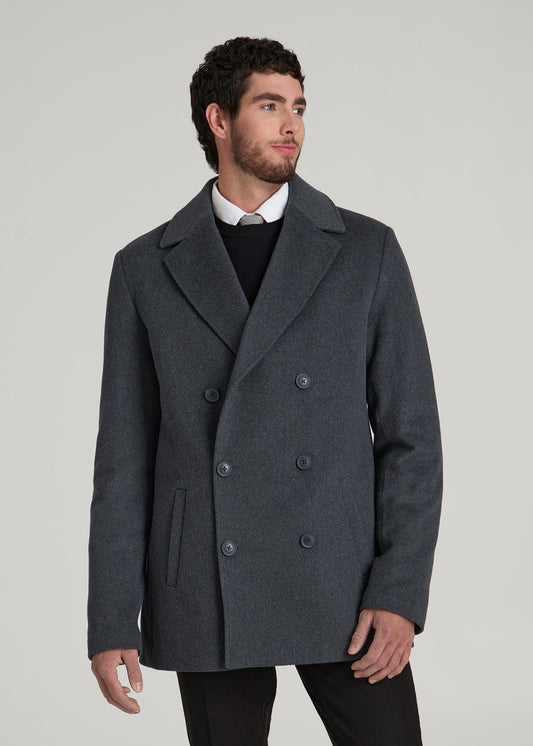 American Tall Men Double-Breasted Wool Peacoat for Tall Men in Dark Grey Mix
