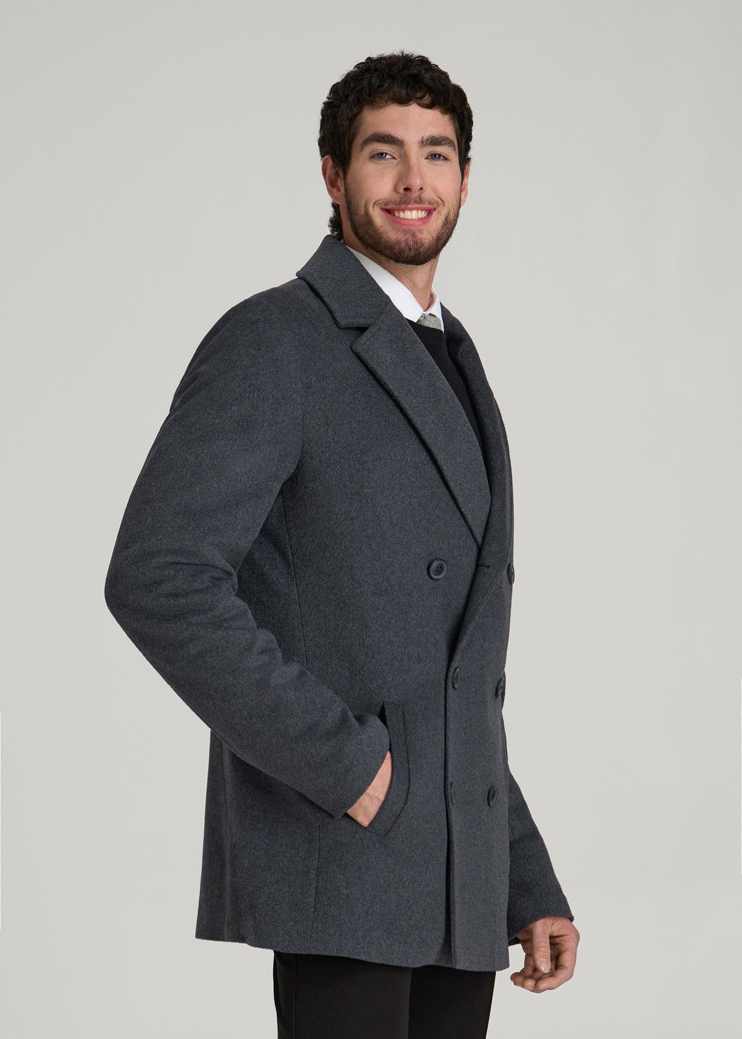 American Tall Men Double-Breasted Wool Peacoat for Tall Men in Dark Grey Mix