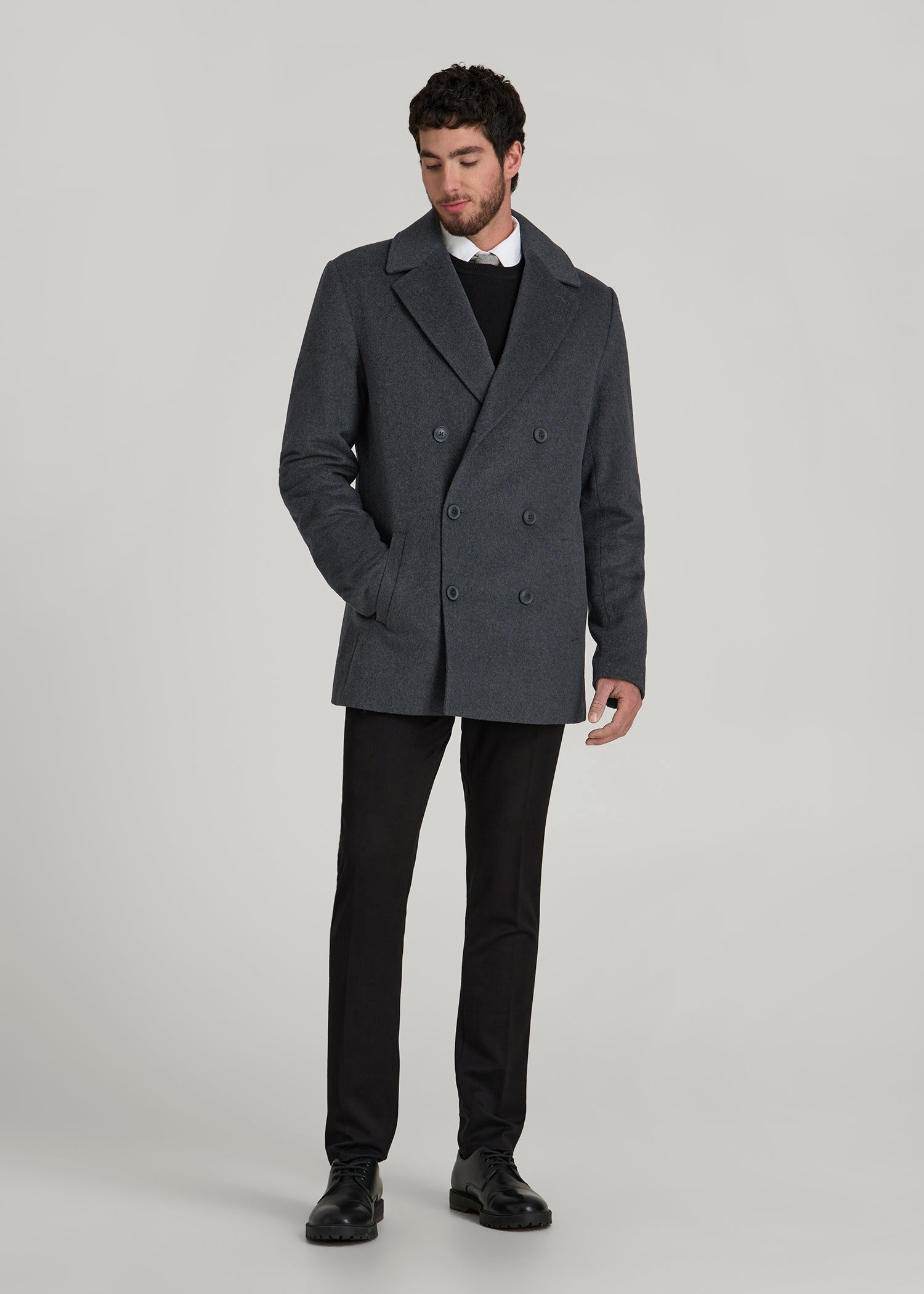 American Tall Men Double-Breasted Wool Peacoat for Tall Men in Dark Grey Mix