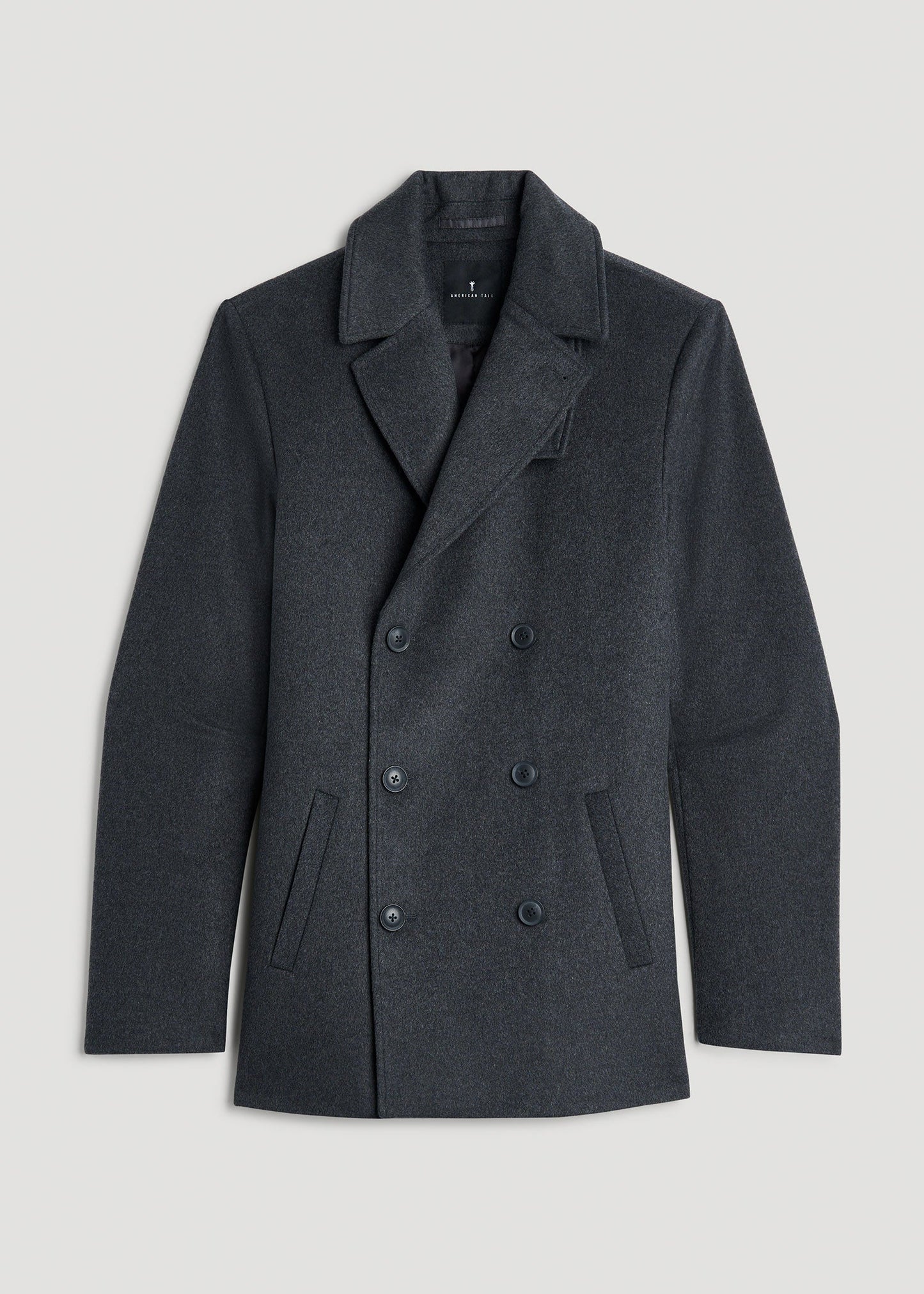 American Tall Men Double-Breasted Wool Peacoat for Tall Men in Dark Grey Mix