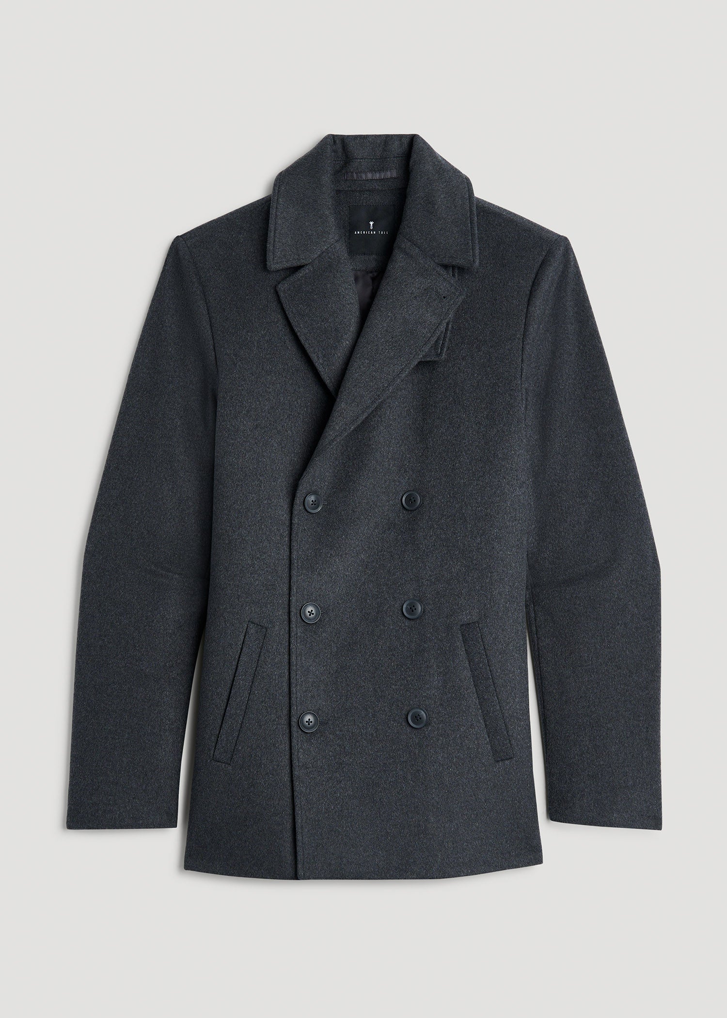 American Tall Men Double-Breasted Wool Peacoat for Tall Men in Dark Grey Mix