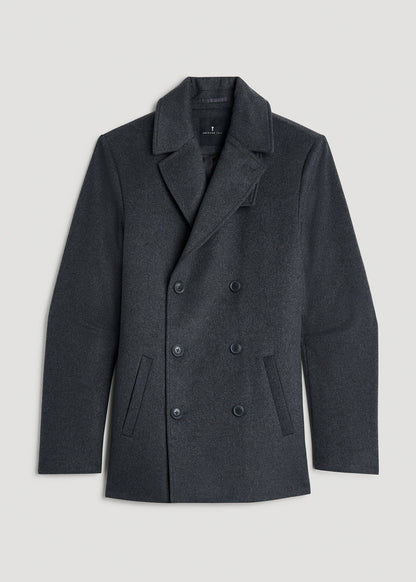 American Tall Men Double-Breasted Wool Peacoat for Tall Men in Dark Grey Mix