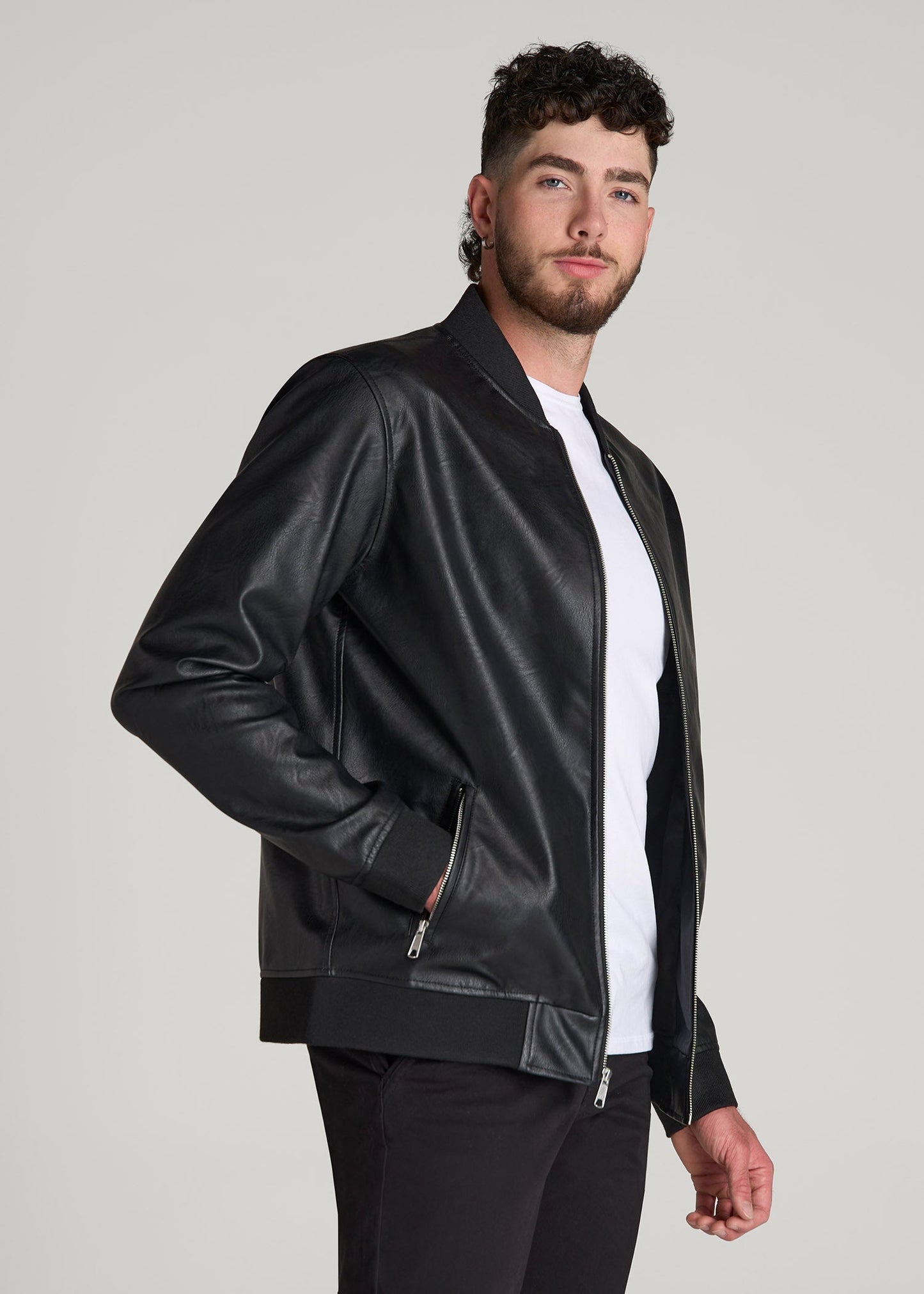 American Tall Men True Touch Leather Bomber Jacket for Tall Men in Black