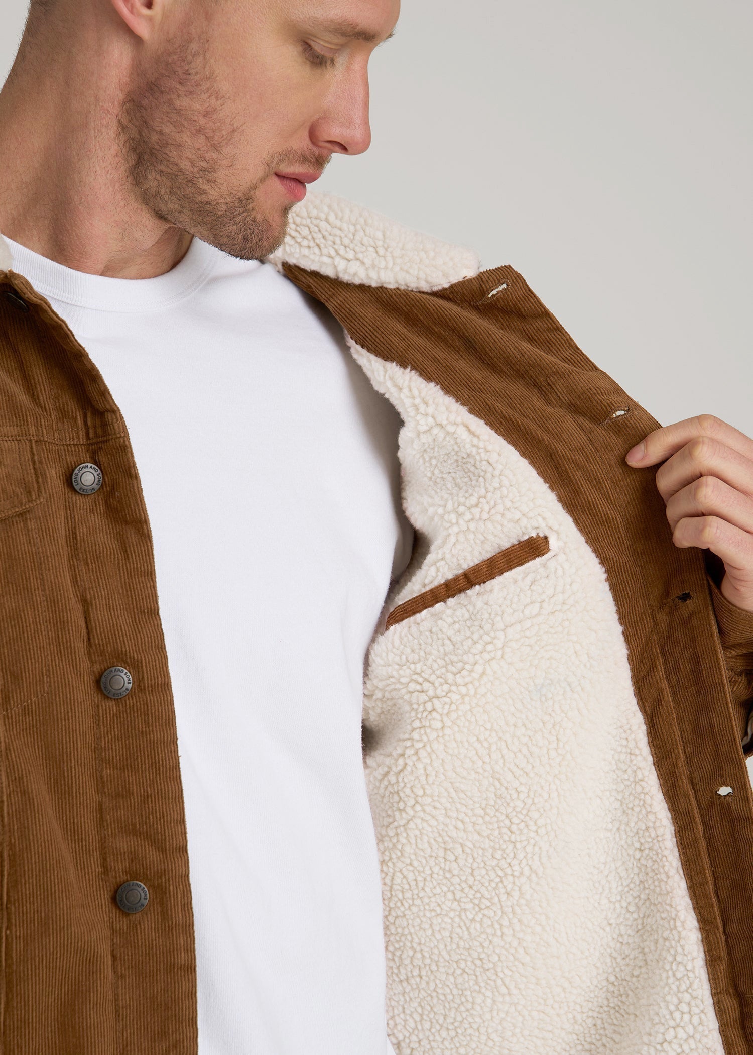 American Tall Men LJ&S Sherpa Corduroy Trucker Jacket for Tall Men in Tan Brown