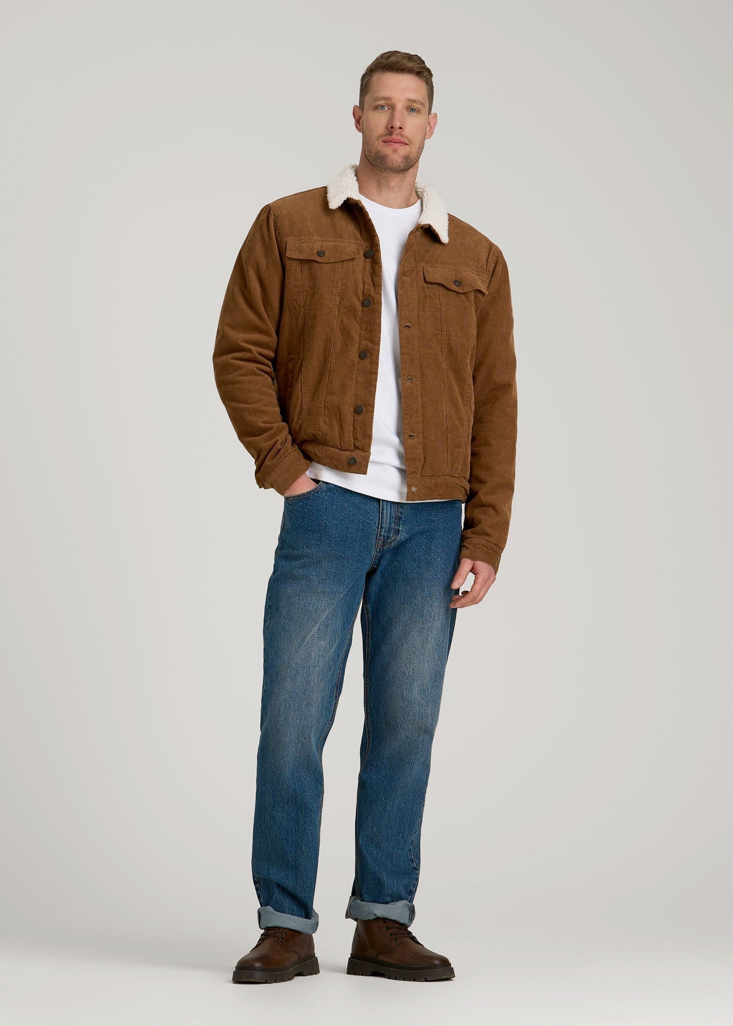 American Tall Men LJ&S Sherpa Corduroy Trucker Jacket for Tall Men in Tan Brown
