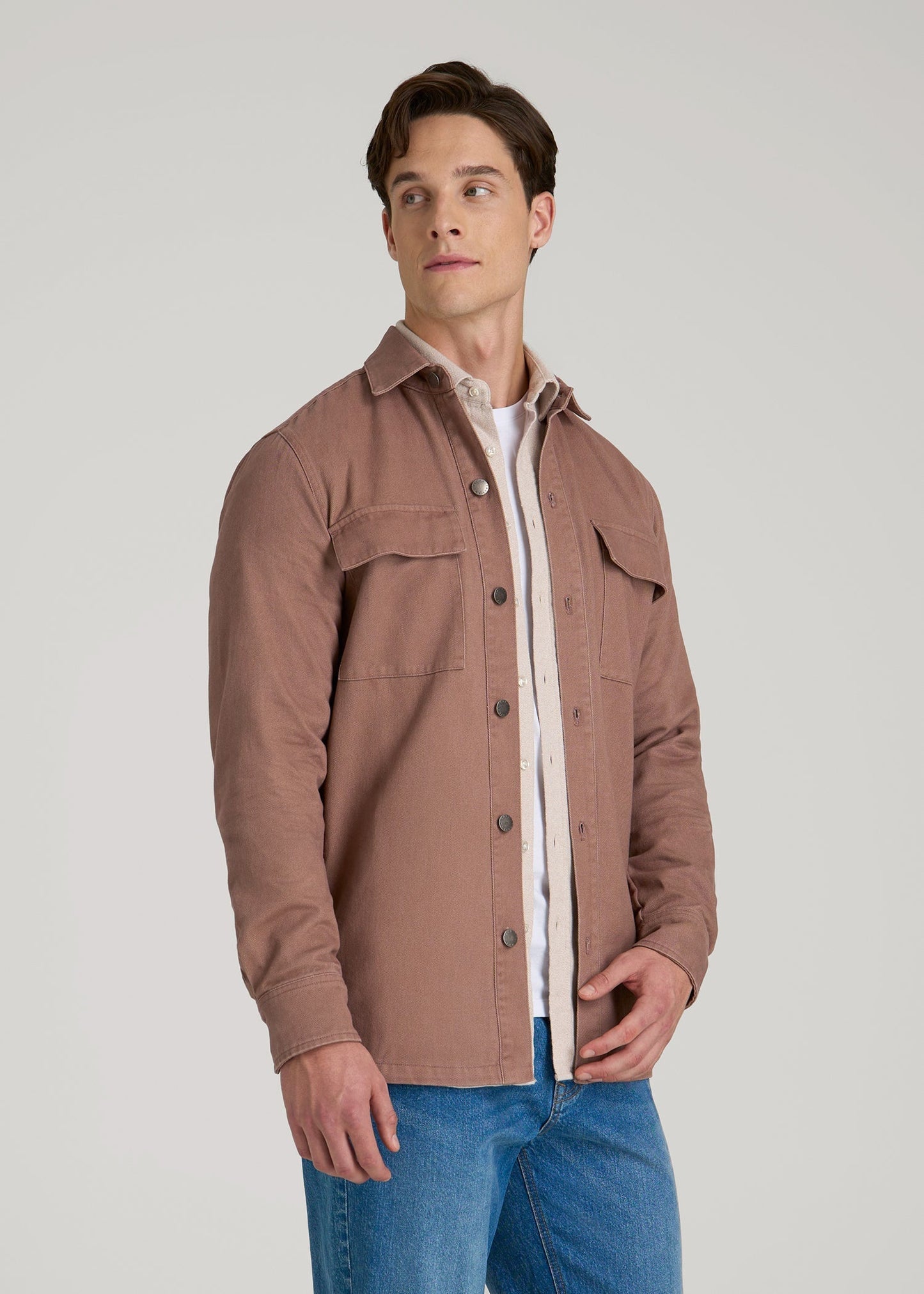 American Tall Men Casual Twill Shirt Jacket for Tall Men in Nutmeg