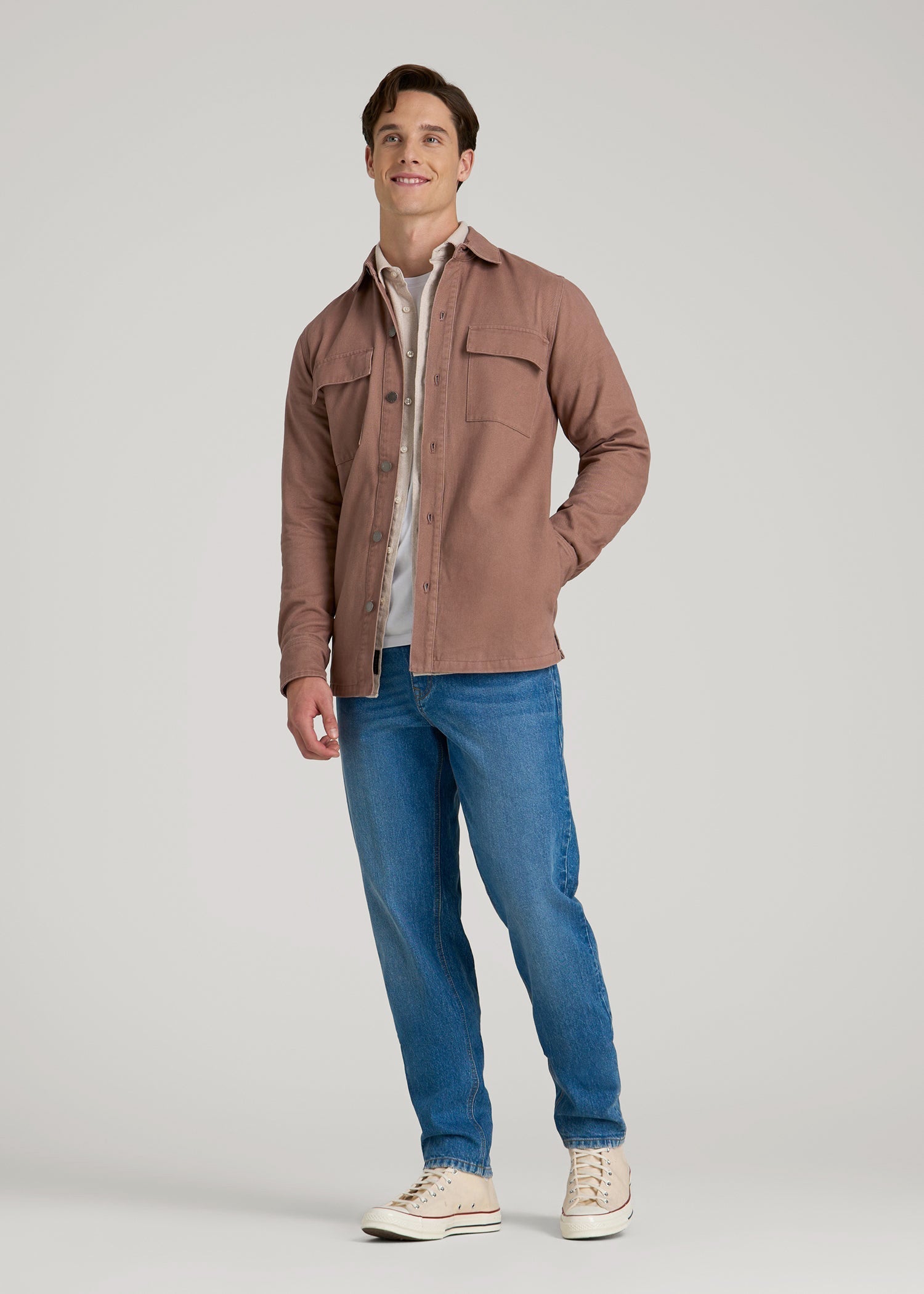 American Tall Men Casual Twill Shirt Jacket for Tall Men in Nutmeg