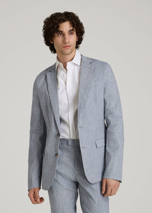 American Tall Men Stretch Linen Blazer for Tall Men in Navy Linen