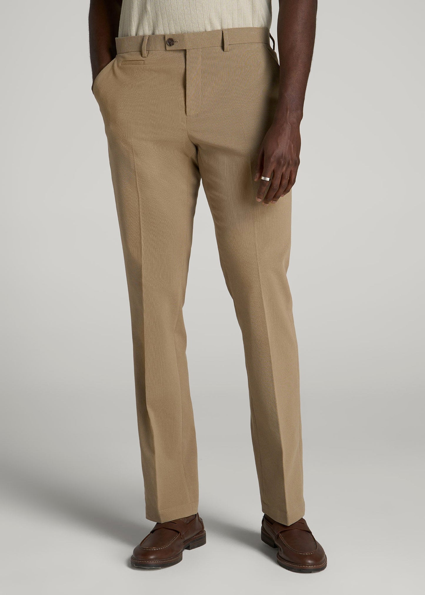 American Tall Men Textured Garment Washed Stretch Cotton Suit Pants for Tall Men in Desert Khaki