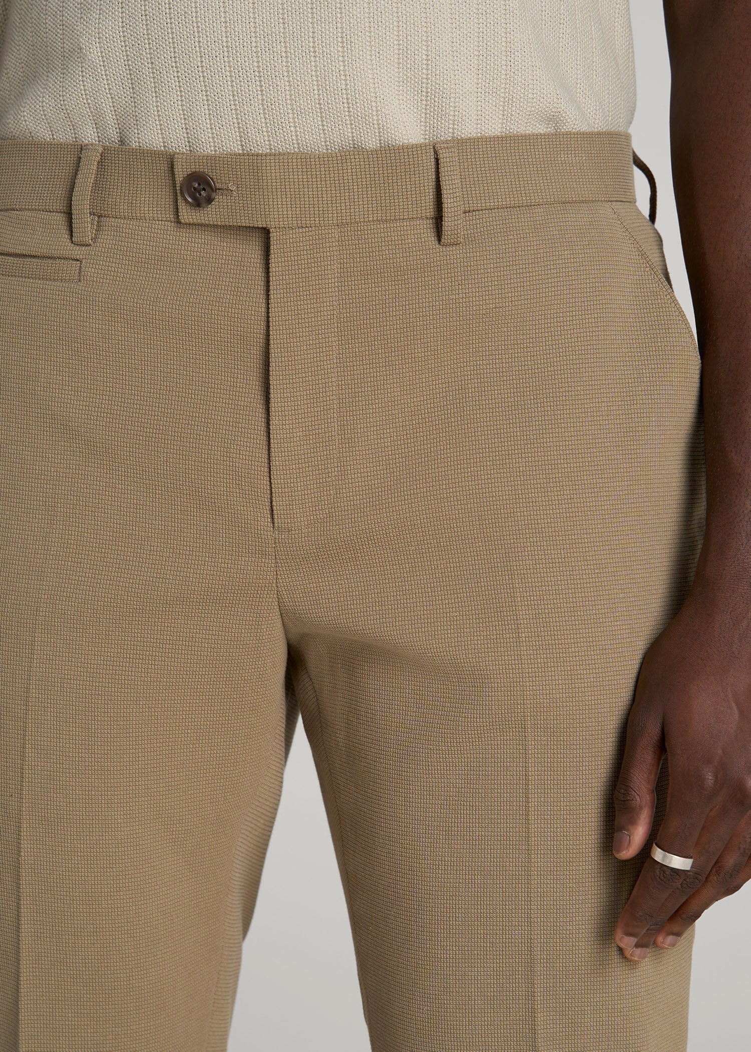 American Tall Men Textured Garment Washed Stretch Cotton Suit Pants for Tall Men in Desert Khaki