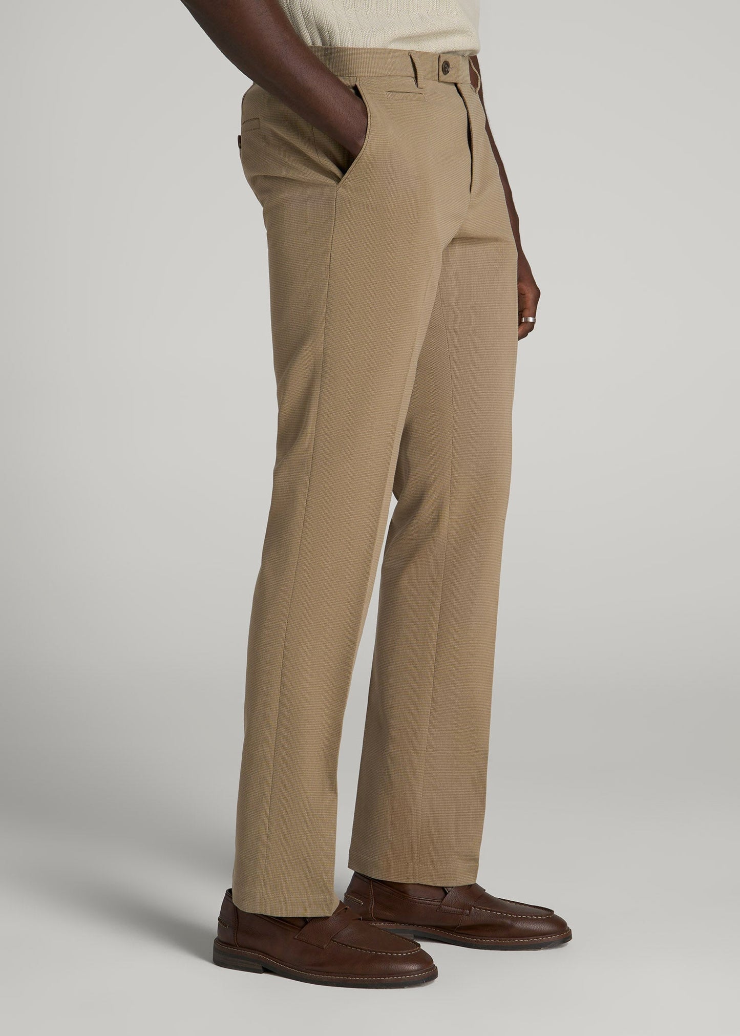 American Tall Men Textured Garment Washed Stretch Cotton Suit Pants for Tall Men in Desert Khaki
