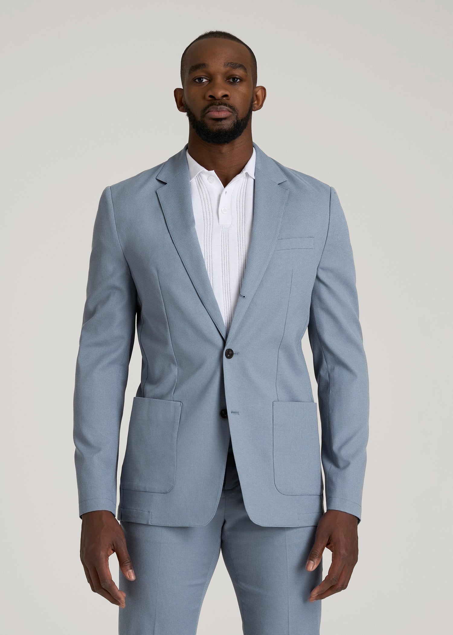 American Tall Men Textured Garment Washed Stretch Cotton Blazer for Tall Men in Chambray