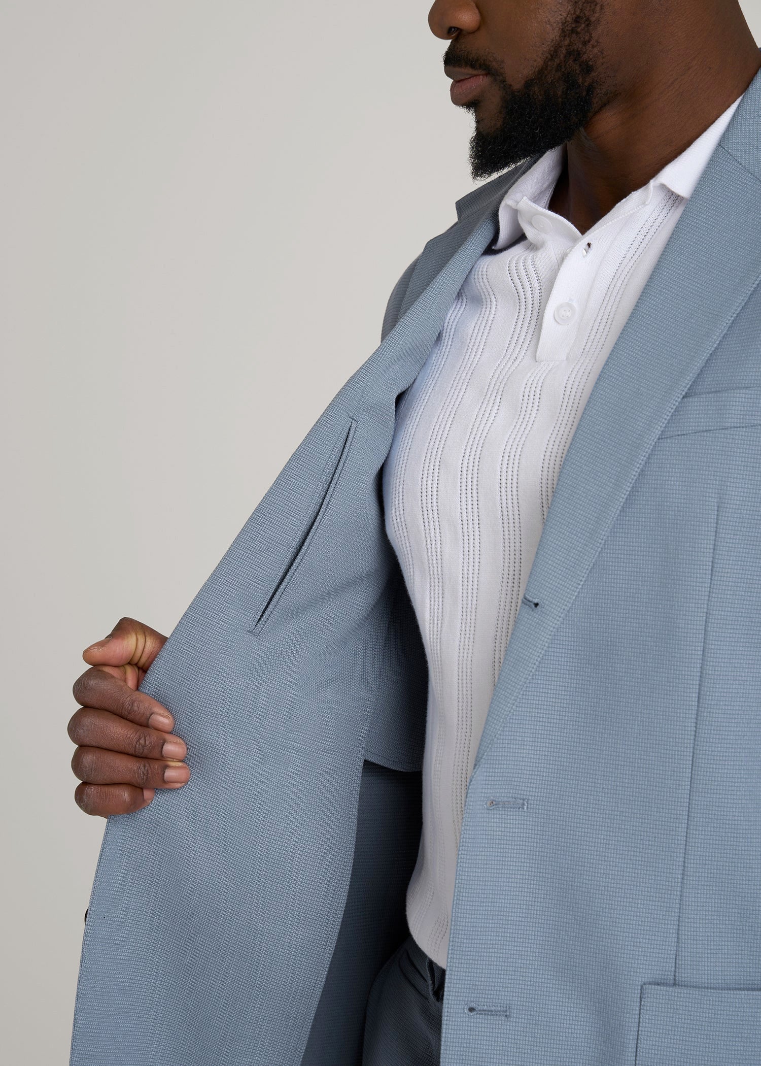 American Tall Men Textured Garment Washed Stretch Cotton Blazer for Tall Men in Chambray