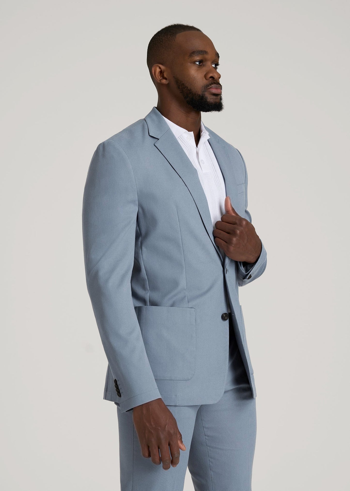 American Tall Men Textured Garment Washed Stretch Cotton Blazer for Tall Men in Chambray