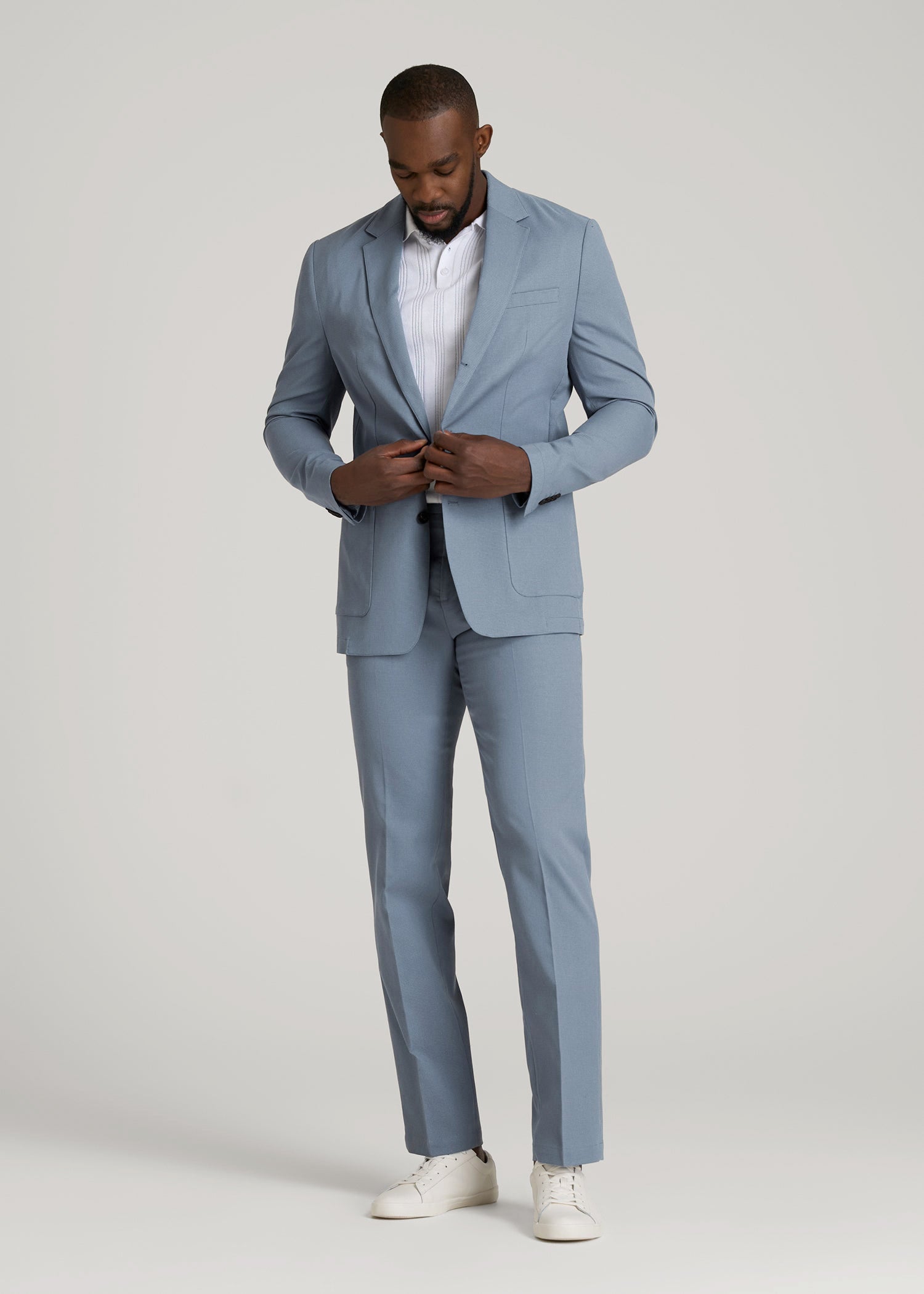 American Tall Men Textured Garment Washed Stretch Cotton Blazer for Tall Men in Chambray