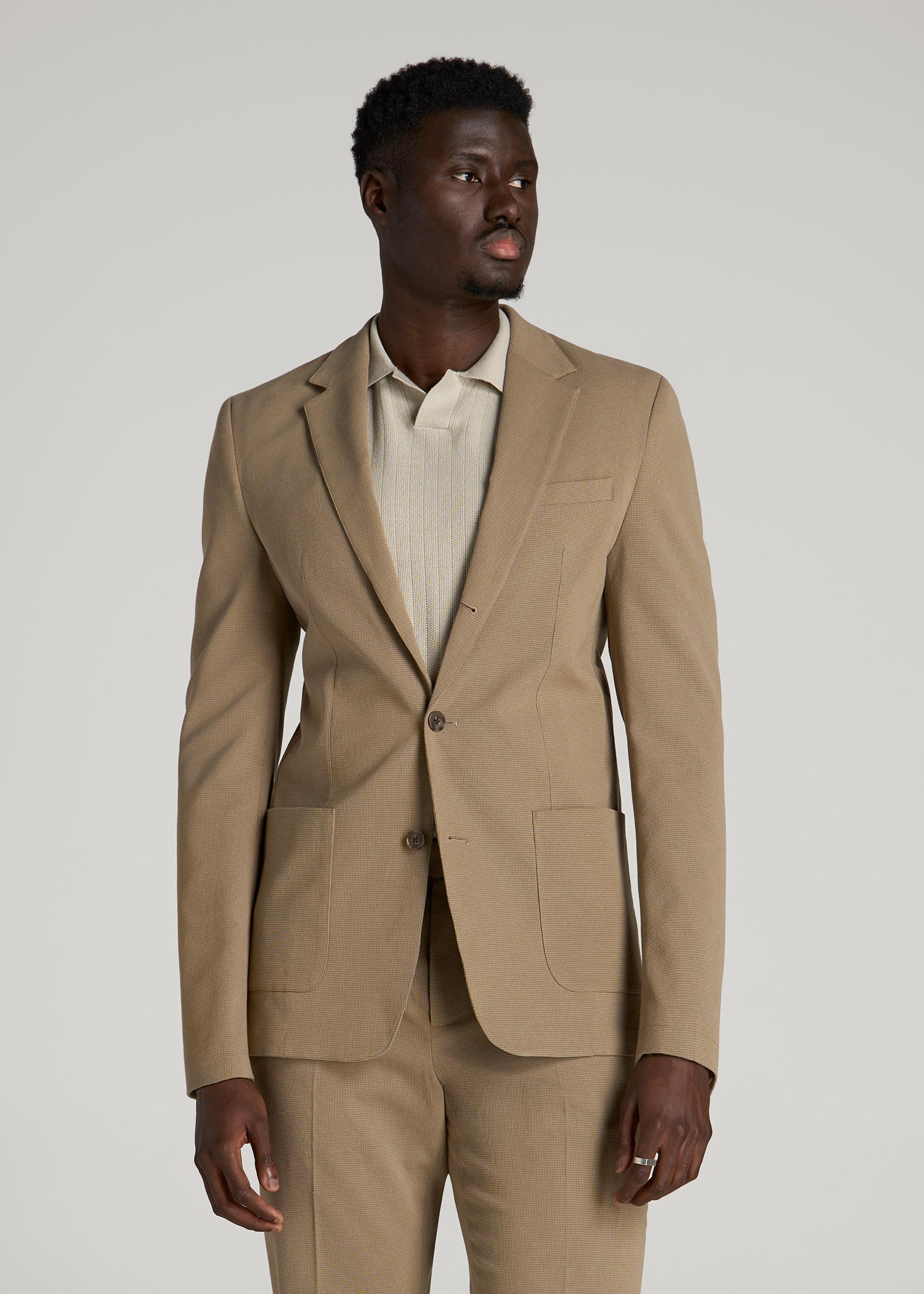 American Tall Men Textured Garment Washed Stretch Cotton Blazer for Tall Men in Desert Khaki