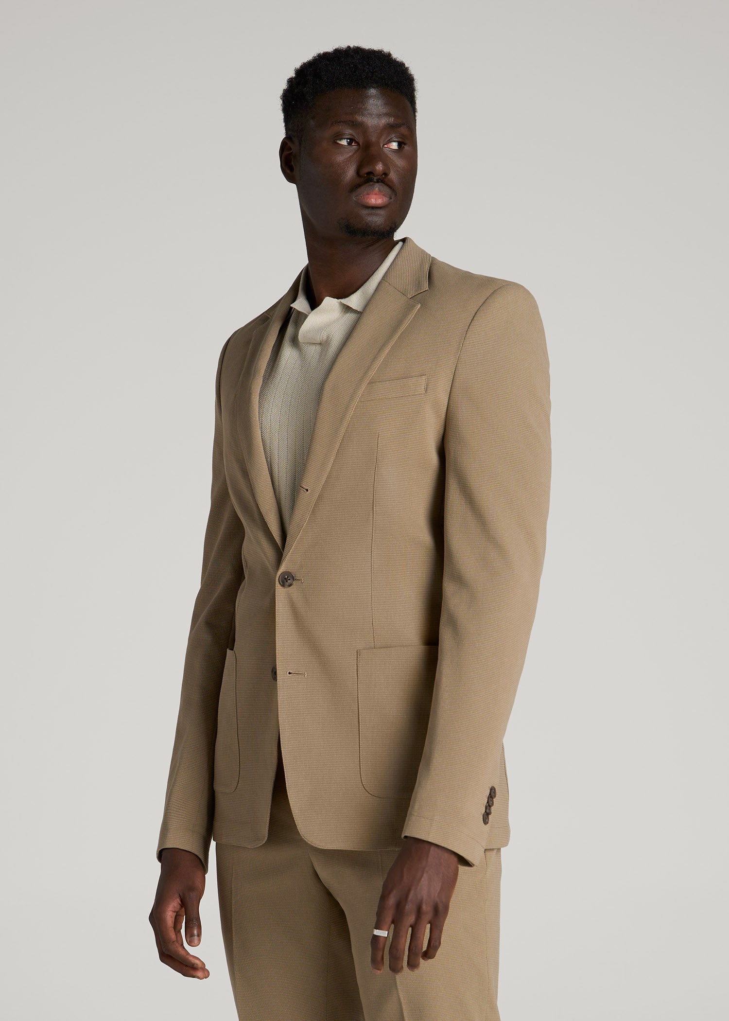 American Tall Men Textured Garment Washed Stretch Cotton Blazer for Tall Men in Desert Khaki