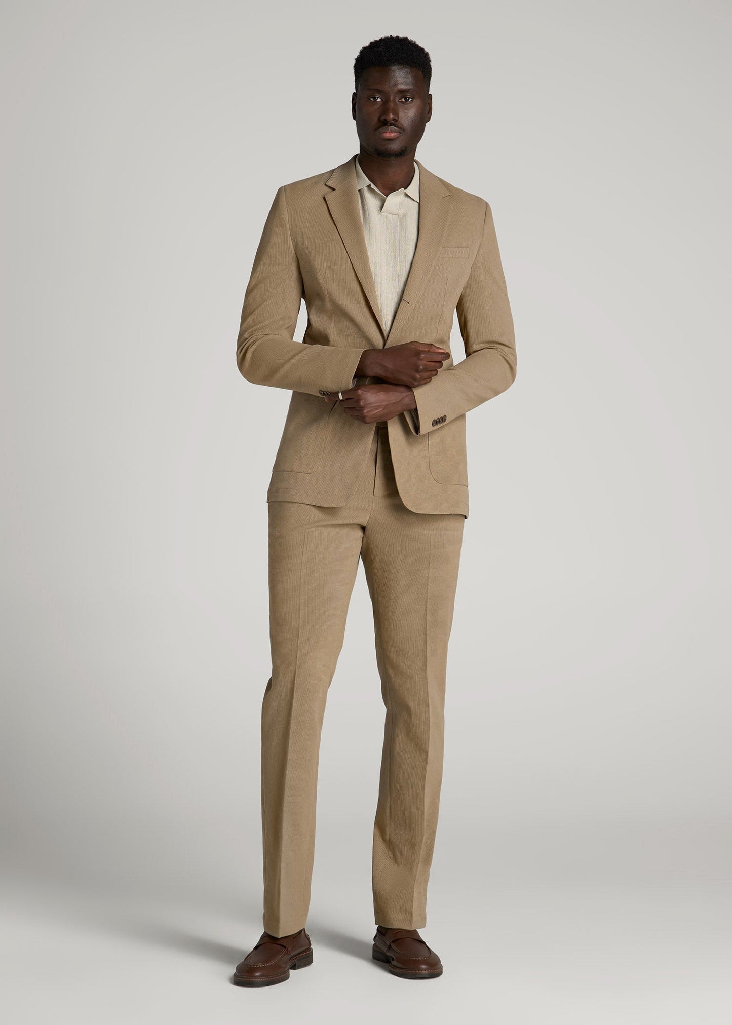 American Tall Men Textured Garment Washed Stretch Cotton Blazer for Tall Men in Desert Khaki