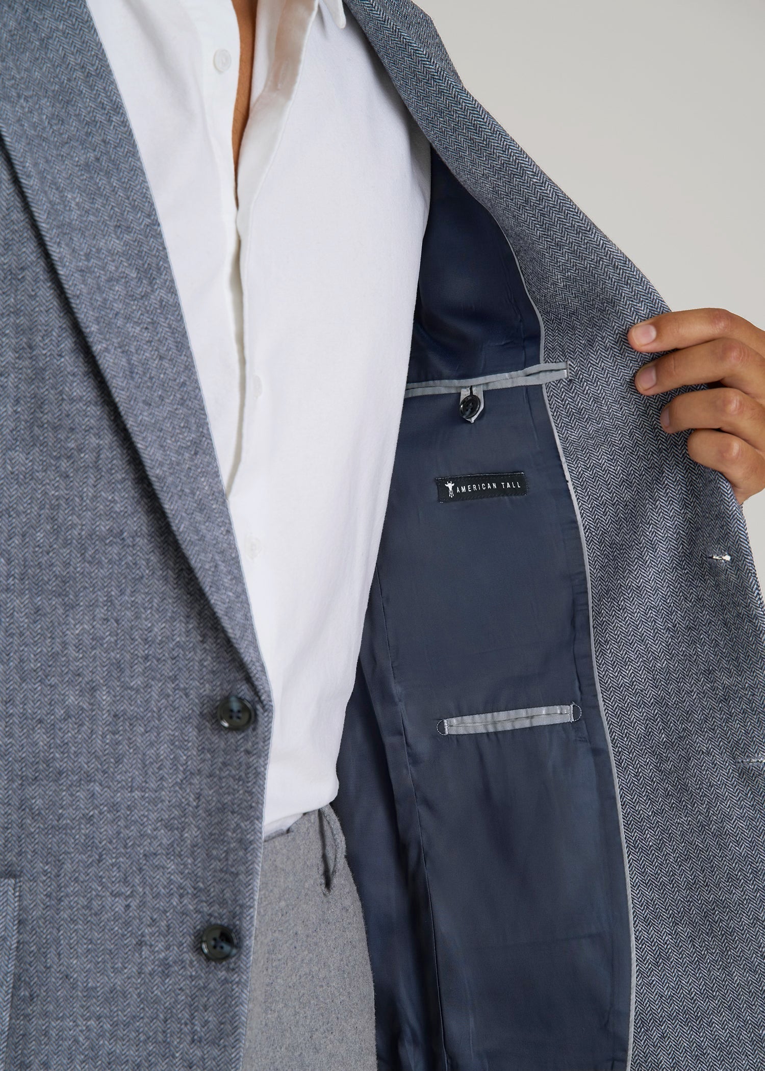 American Tall Men Wool Blend Blazer for Tall Men in Navy Herringbone