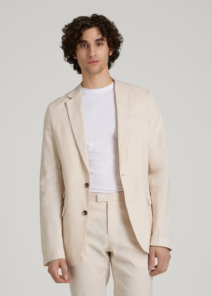 American Tall Men Stretch Linen Blazer for Tall Men in Light Beige Linen