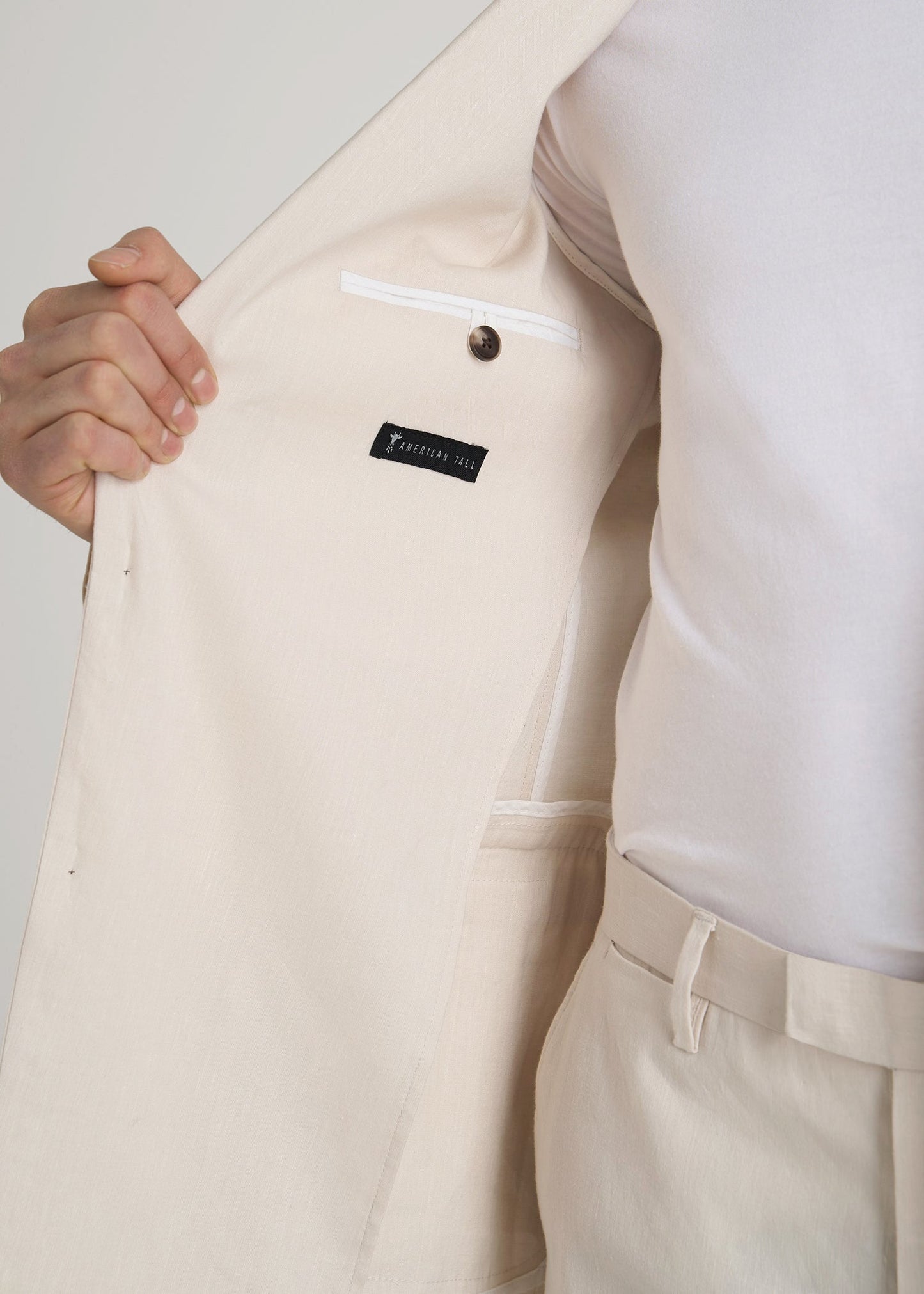 American Tall Men Stretch Linen Blazer for Tall Men in Light Beige Linen