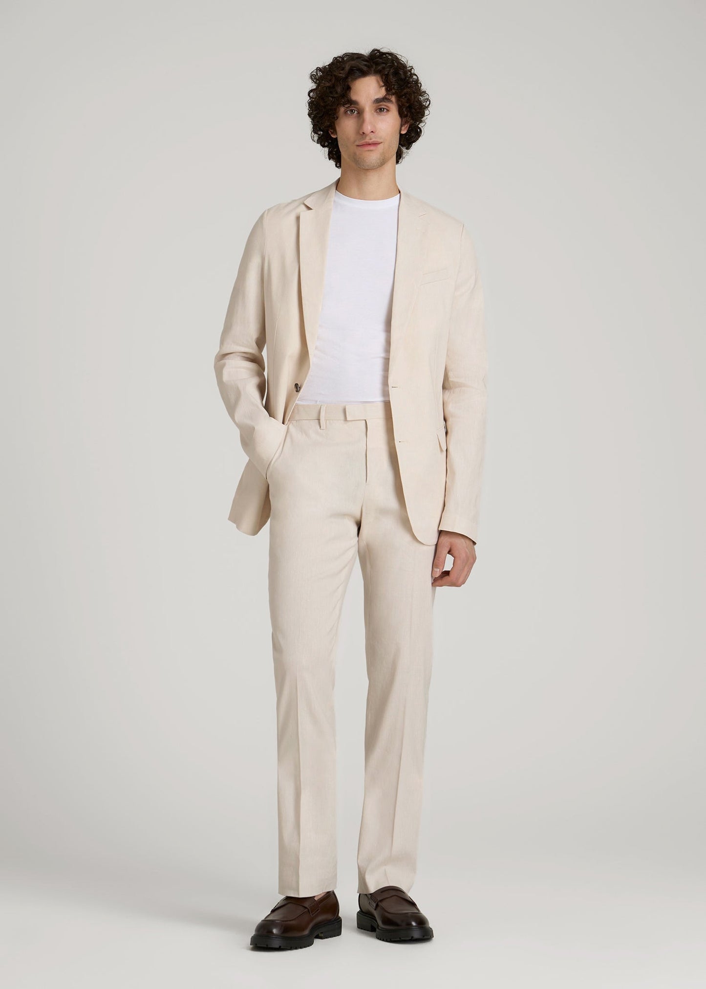 American Tall Men Stretch Linen Blazer for Tall Men in Light Beige Linen