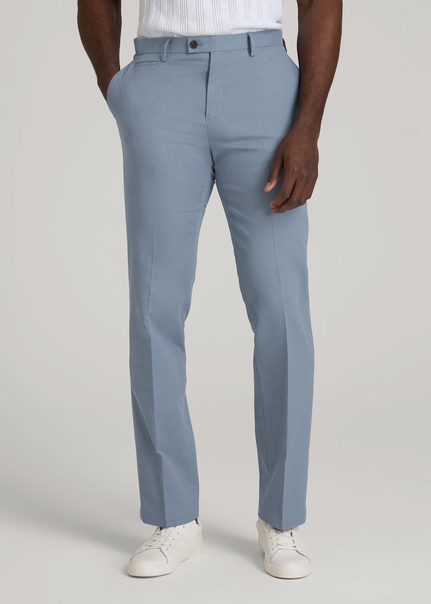 American Tall Men Textured Garment Washed Stretch Cotton Suit Pants for Tall Men in Chambray