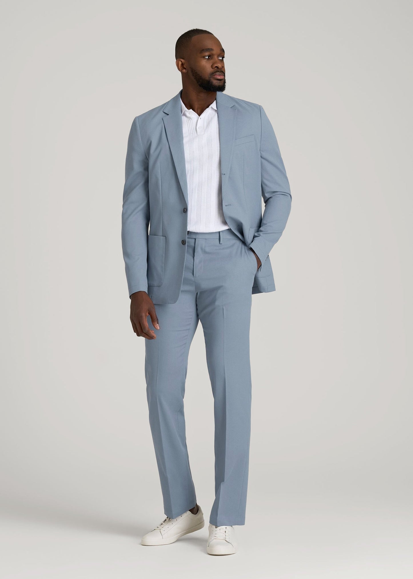 American Tall Men Textured Garment Washed Stretch Cotton Suit Pants for Tall Men in Chambray