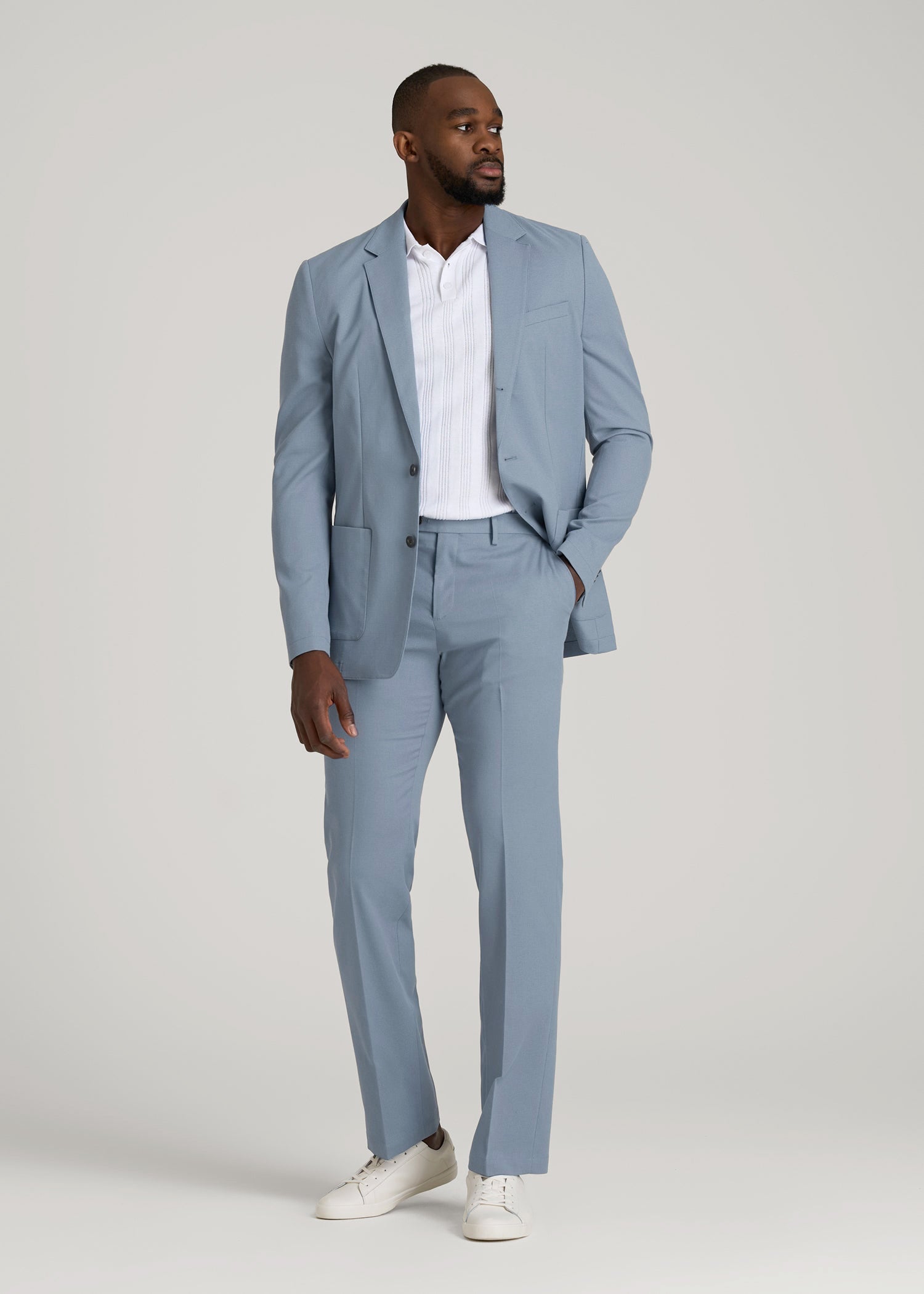 American Tall Men Textured Garment Washed Stretch Cotton Suit Pants for Tall Men in Chambray