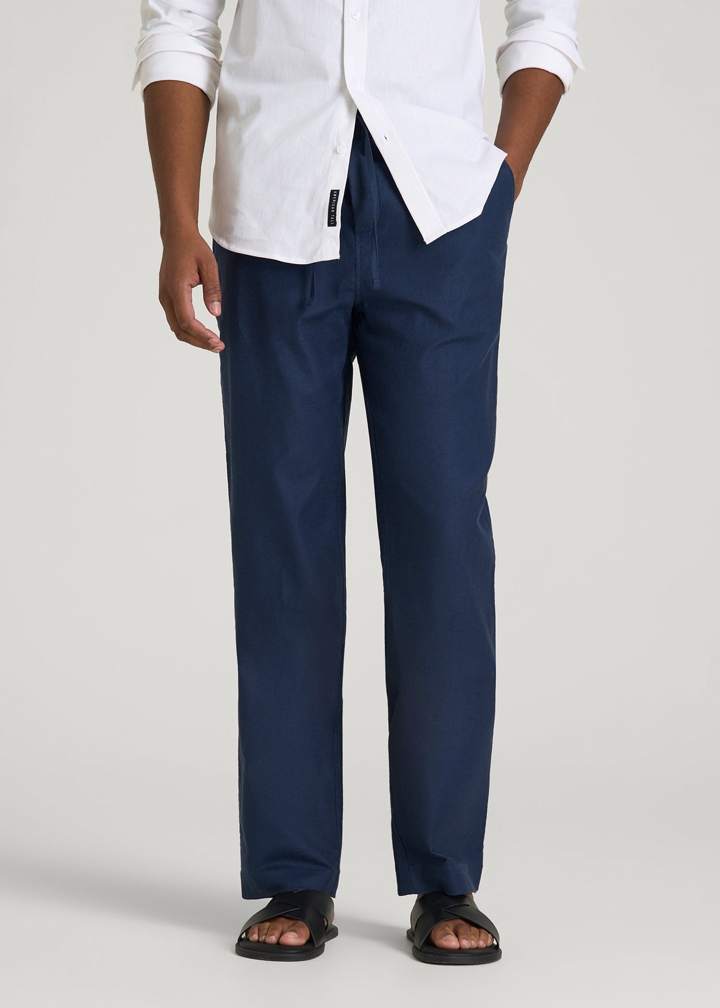 American Tall Men Stretch Cotton Linen Blend Pull-On Pants for Tall Men in Navy Blue