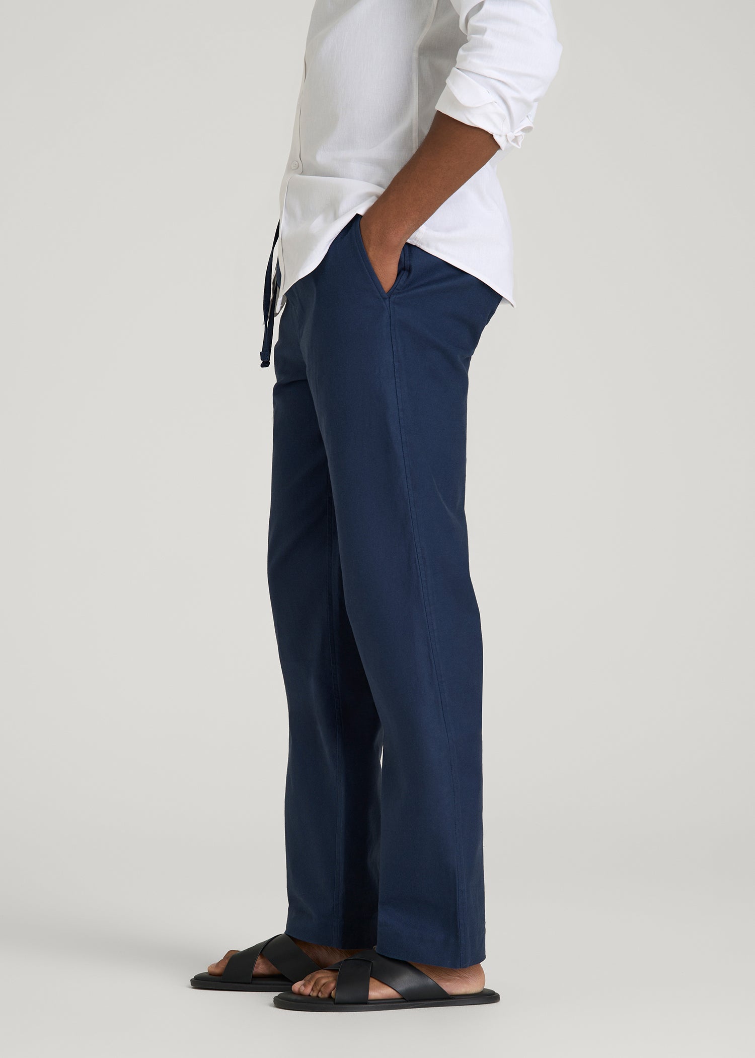 American Tall Men Stretch Cotton Linen Blend Pull-On Pants for Tall Men in Navy Blue