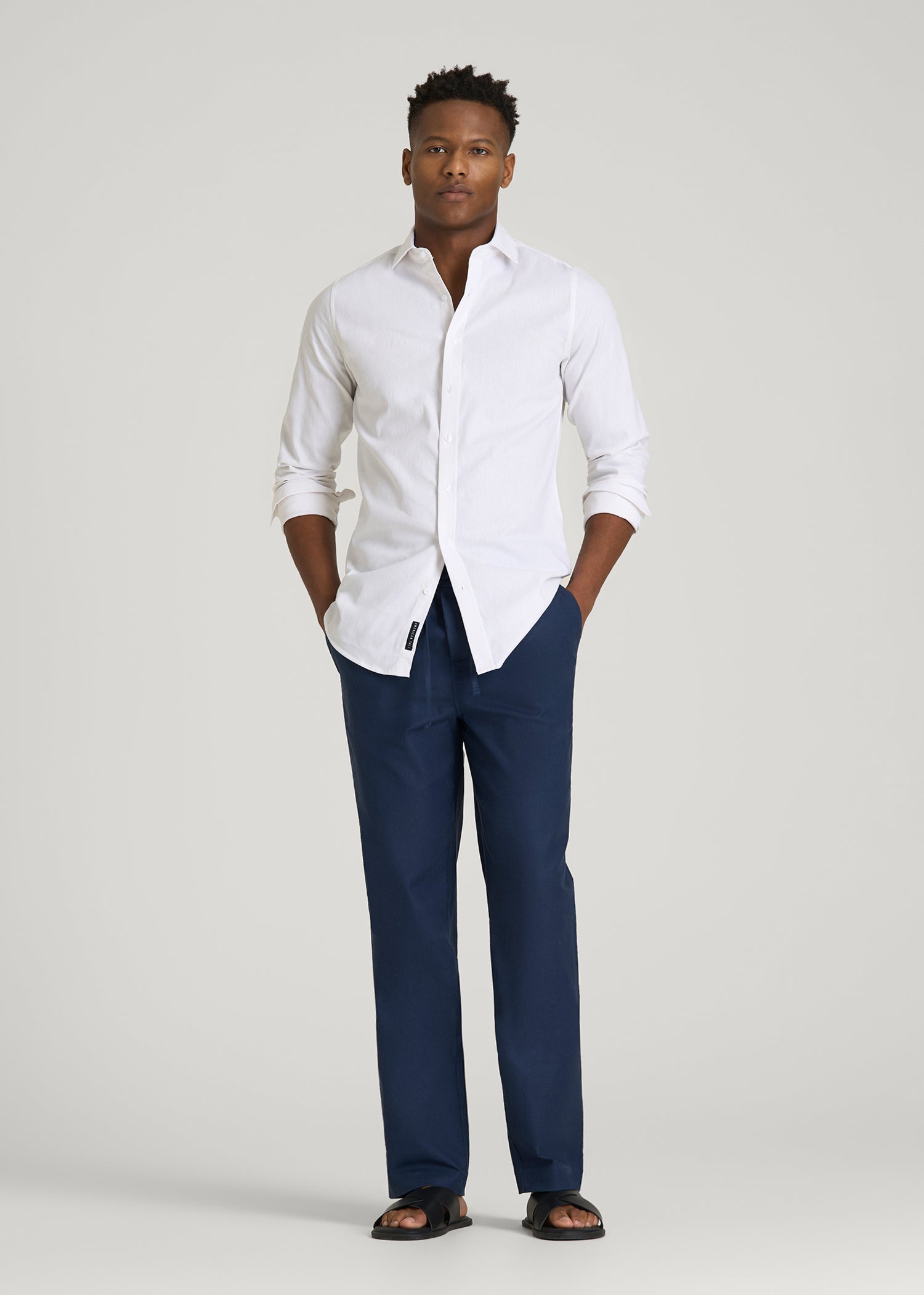 American Tall Men Stretch Cotton Linen Blend Pull-On Pants for Tall Men in Navy Blue