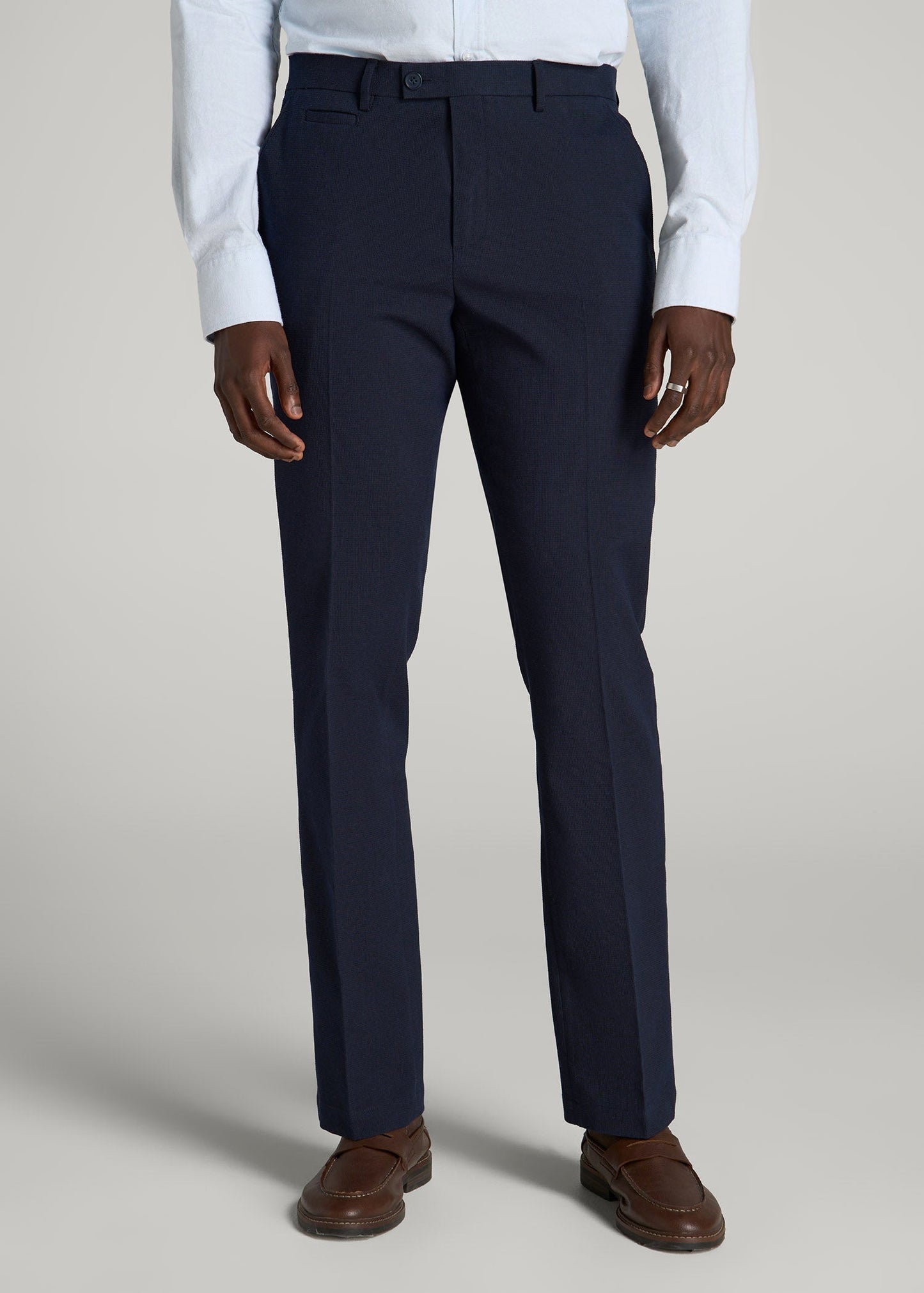 American Tall Men Textured Garment Washed Stretch Cotton Suit Pants for Tall Men in Evening Blue