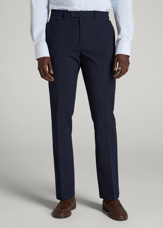 American Tall Men Textured Garment Washed Stretch Cotton Suit Pants for Tall Men in Evening Blue