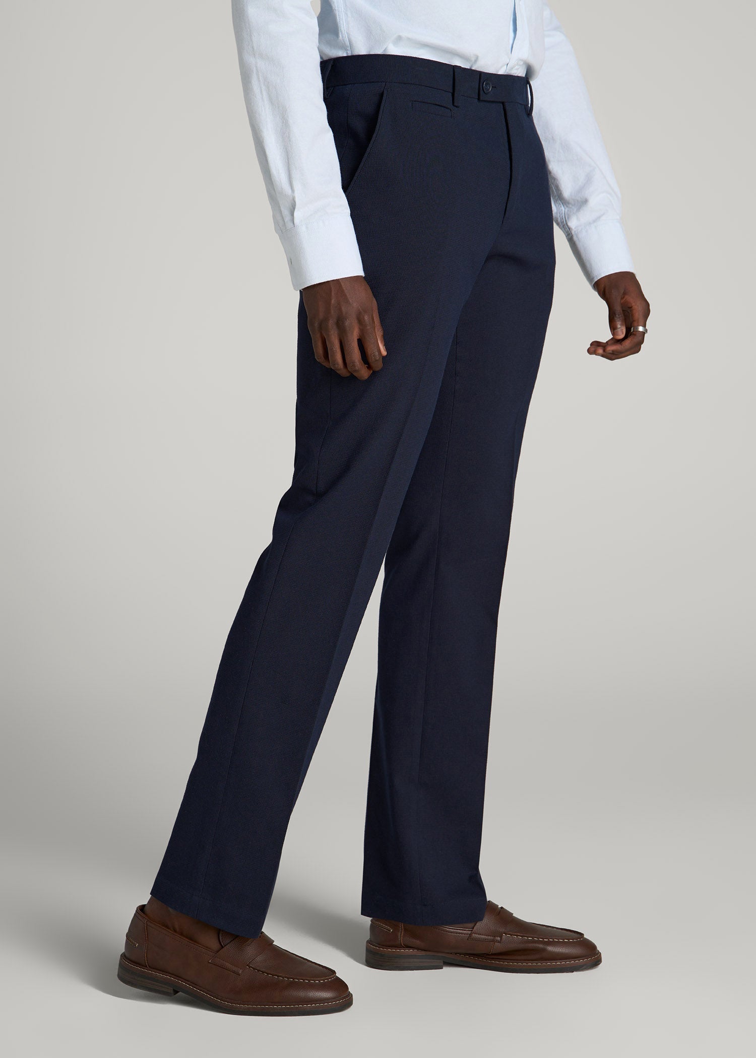 American Tall Men Textured Garment Washed Stretch Cotton Suit Pants for Tall Men in Evening Blue