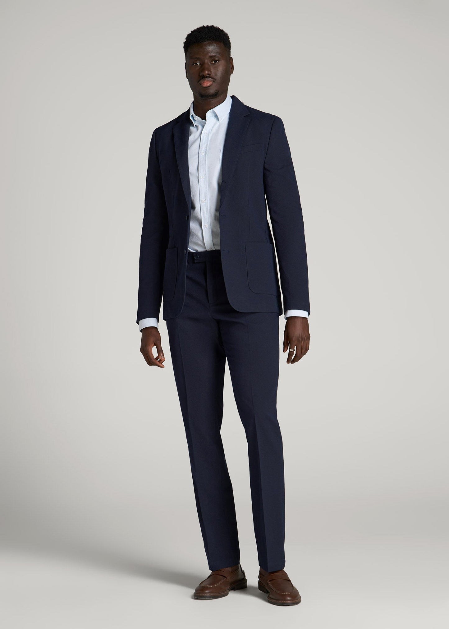 American Tall Men Textured Garment Washed Stretch Cotton Suit Pants for Tall Men in Evening Blue