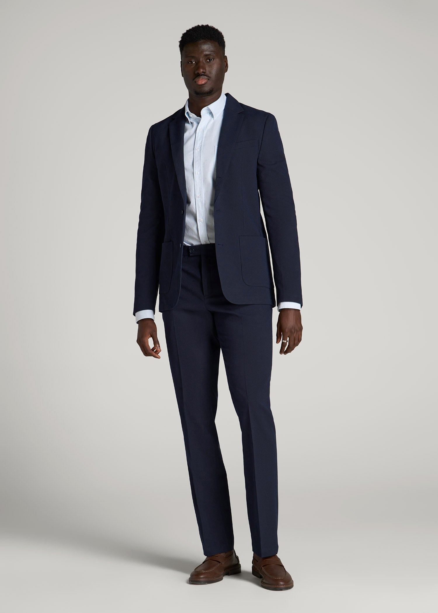 American Tall Men Textured Garment Washed Stretch Cotton Suit Pants for Tall Men in Evening Blue