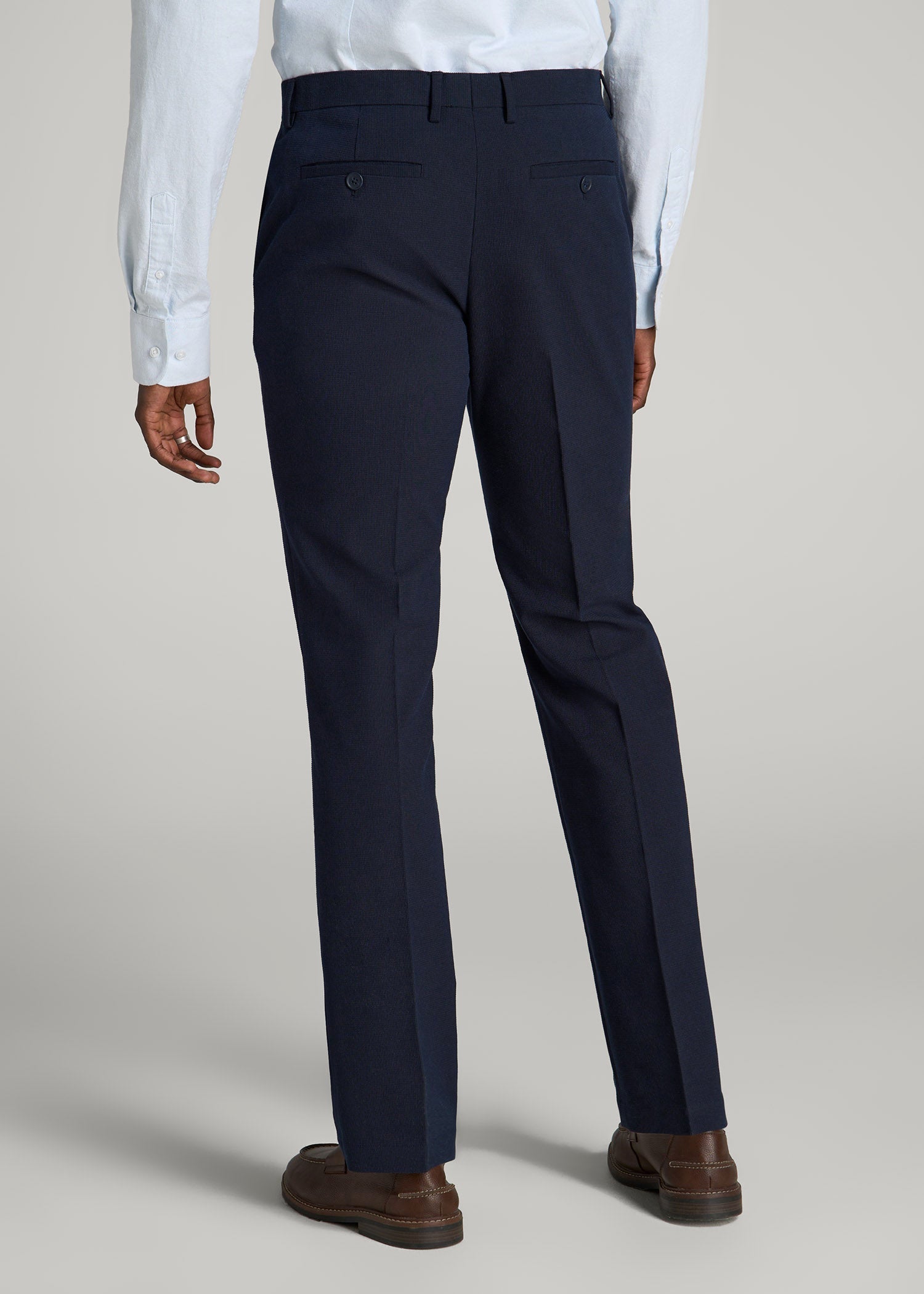 American Tall Men Textured Garment Washed Stretch Cotton Suit Pants for Tall Men in Evening Blue