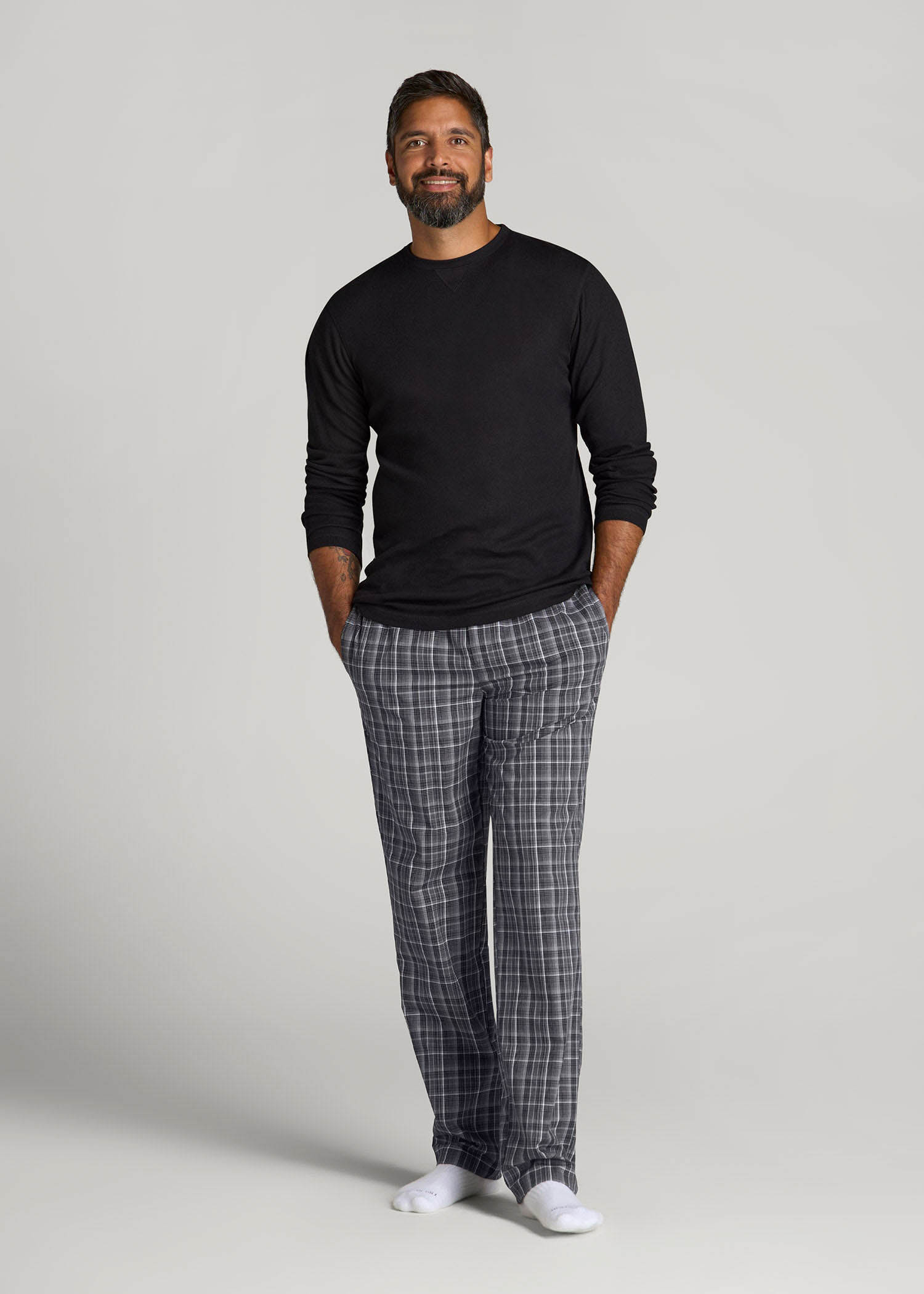 American Tall Men Woven Pajama Pants for Tall Men in Black & Grey Plaid