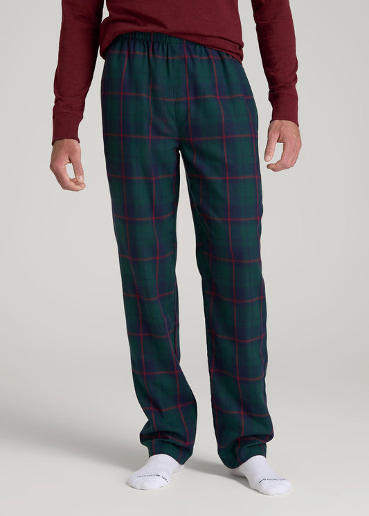 American Tall Men Plaid Pajama Pants for Tall Men in Green and Red Tartan