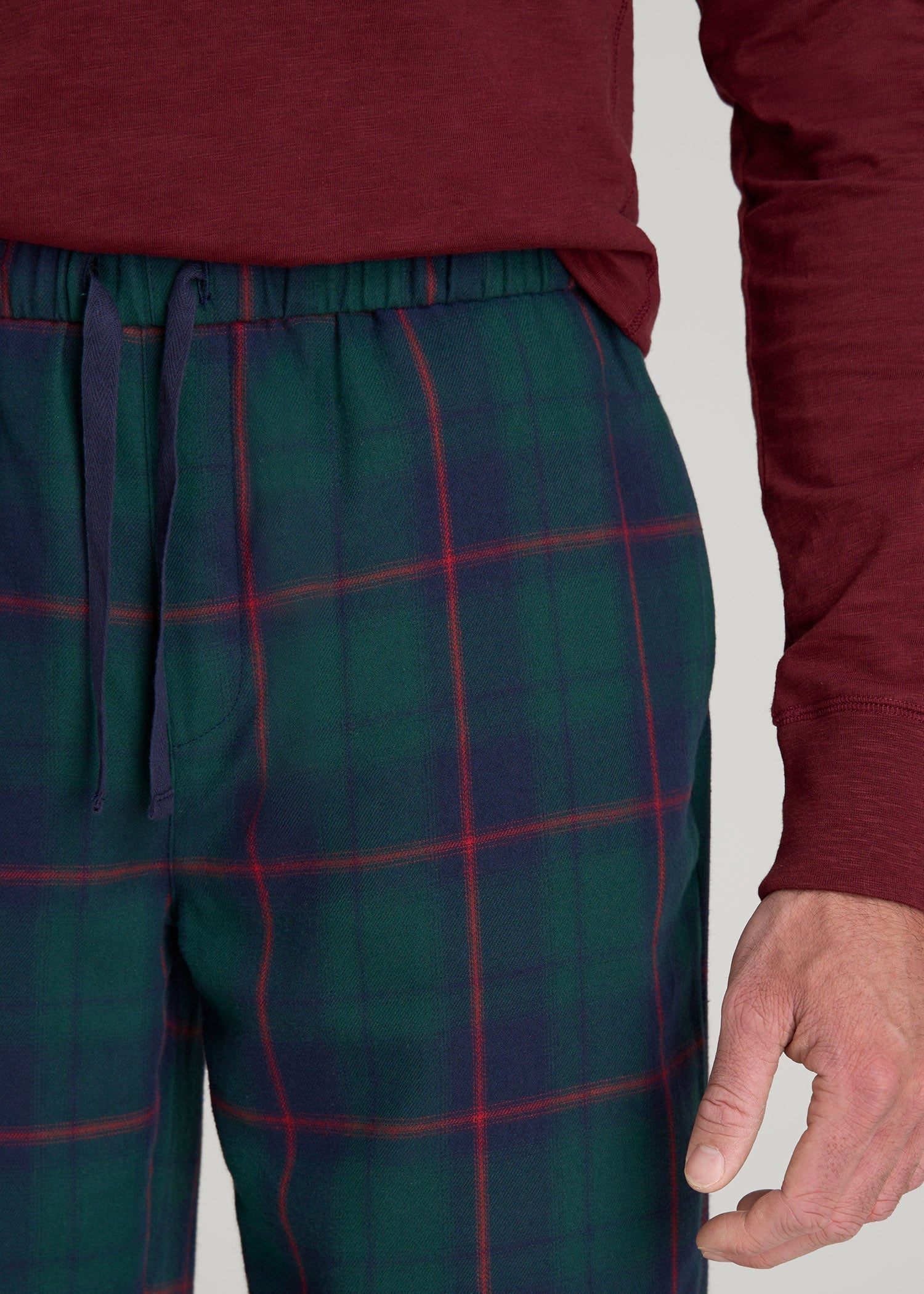 American Tall Men Plaid Pajama Pants for Tall Men in Green and Red Tartan