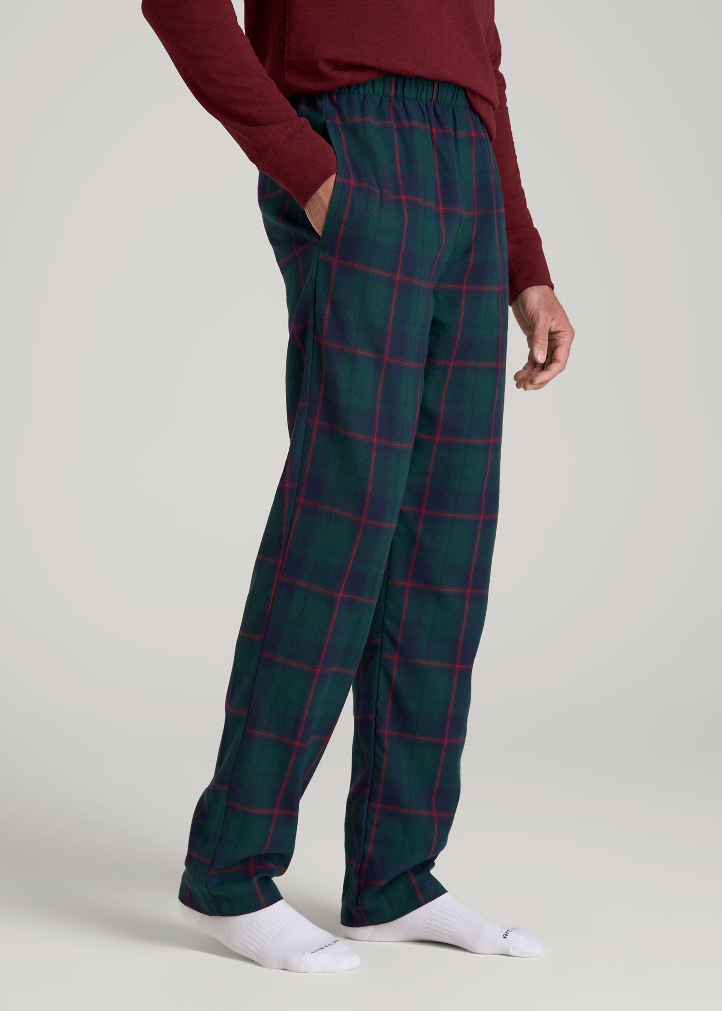 American Tall Men Plaid Pajama Pants for Tall Men in Green and Red Tartan