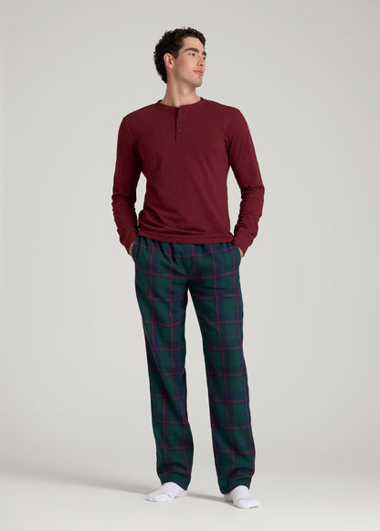 American Tall Men Plaid Pajama Pants for Tall Men in Green and Red Tartan