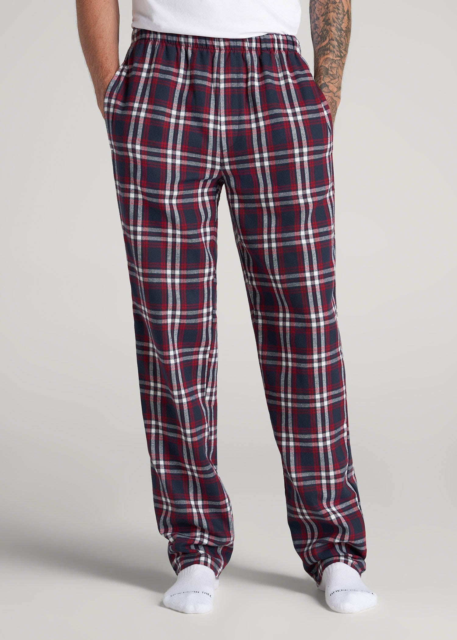American Tall Men Plaid Pajama Pants for Tall Men in Navy & Red Tartan