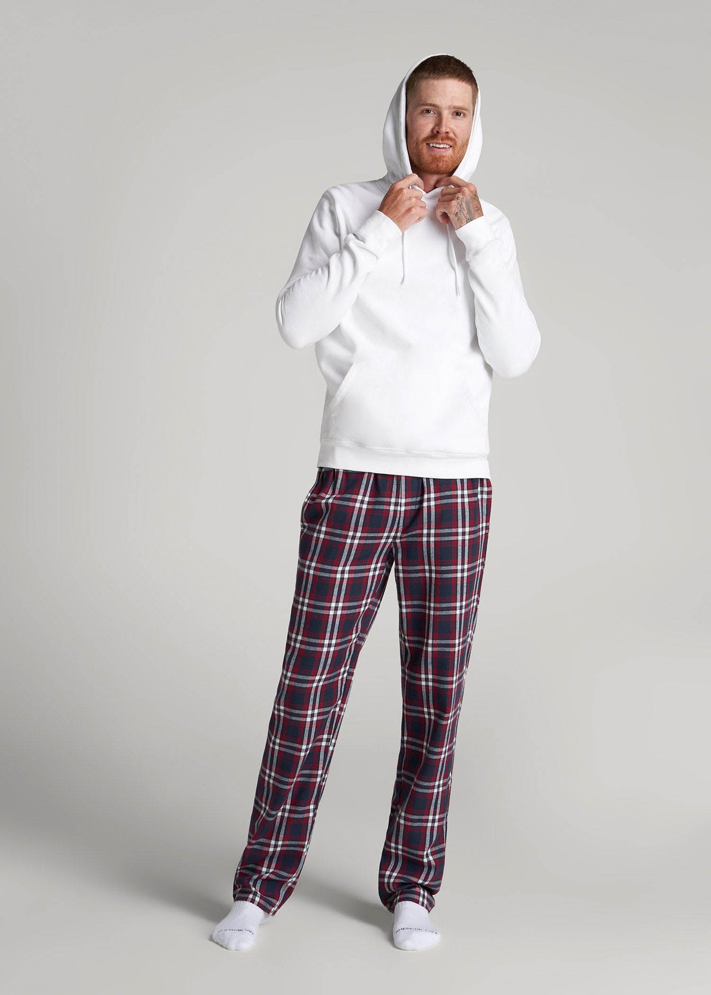 American Tall Men Plaid Pajama Pants for Tall Men in Navy & Red Tartan