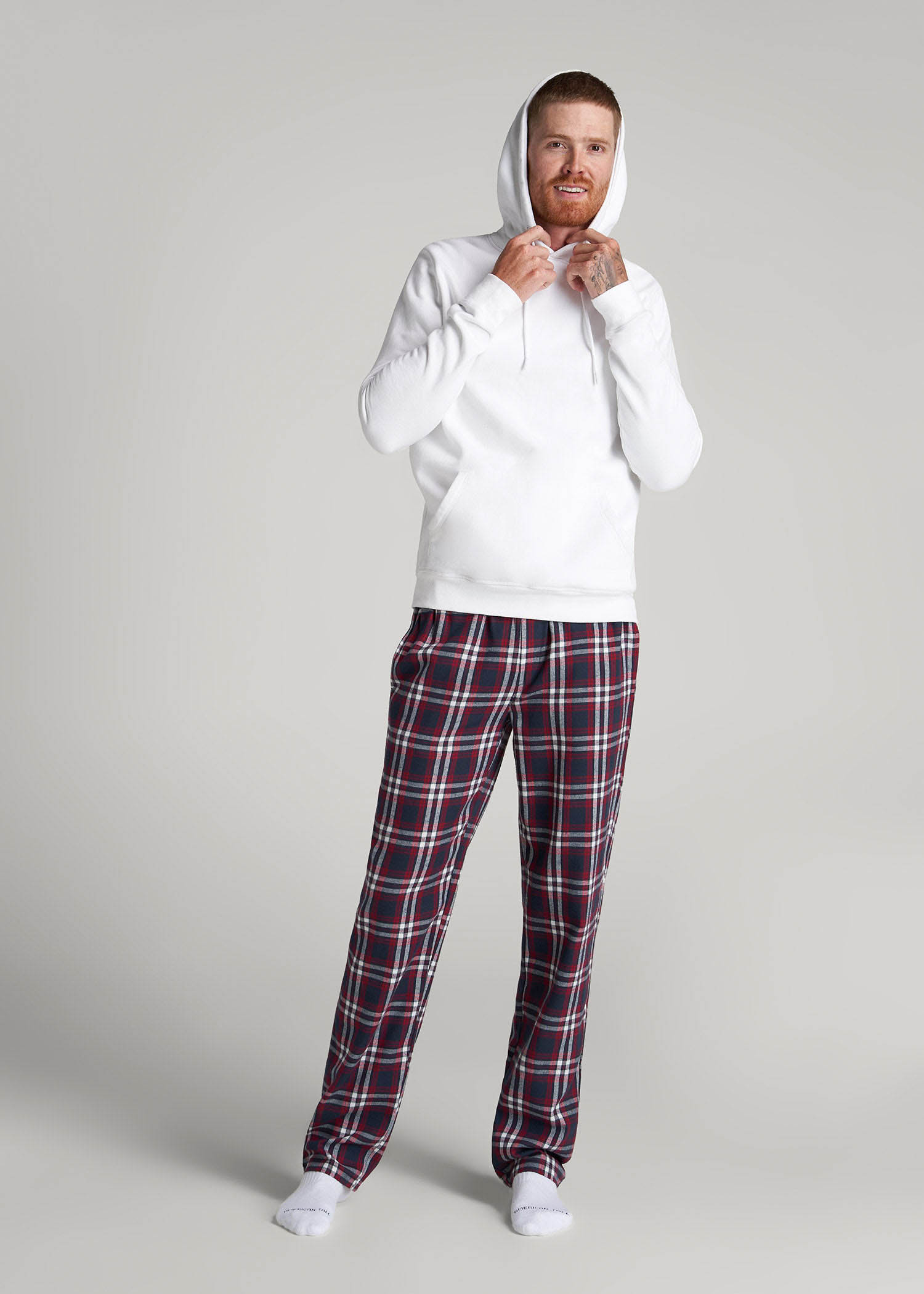 American Tall Men Plaid Pajama Pants for Tall Men in Navy & Red Tartan