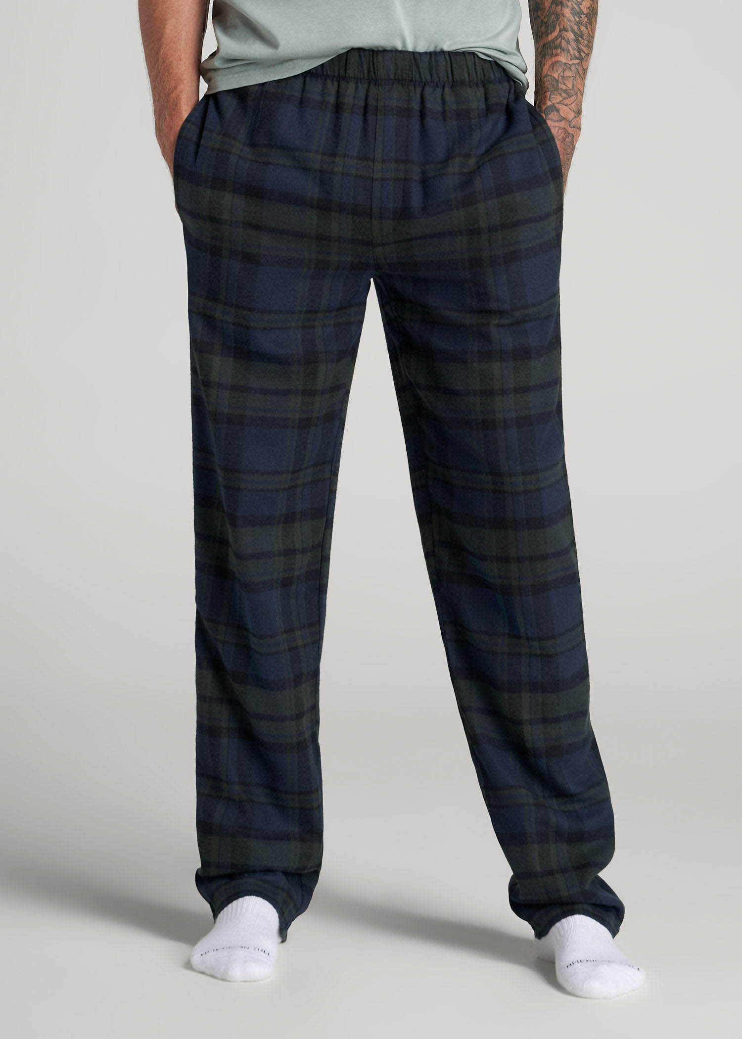 American Tall Men Plaid Pajama Pants for Tall Men in Olive & Dark Cobalt Plaid