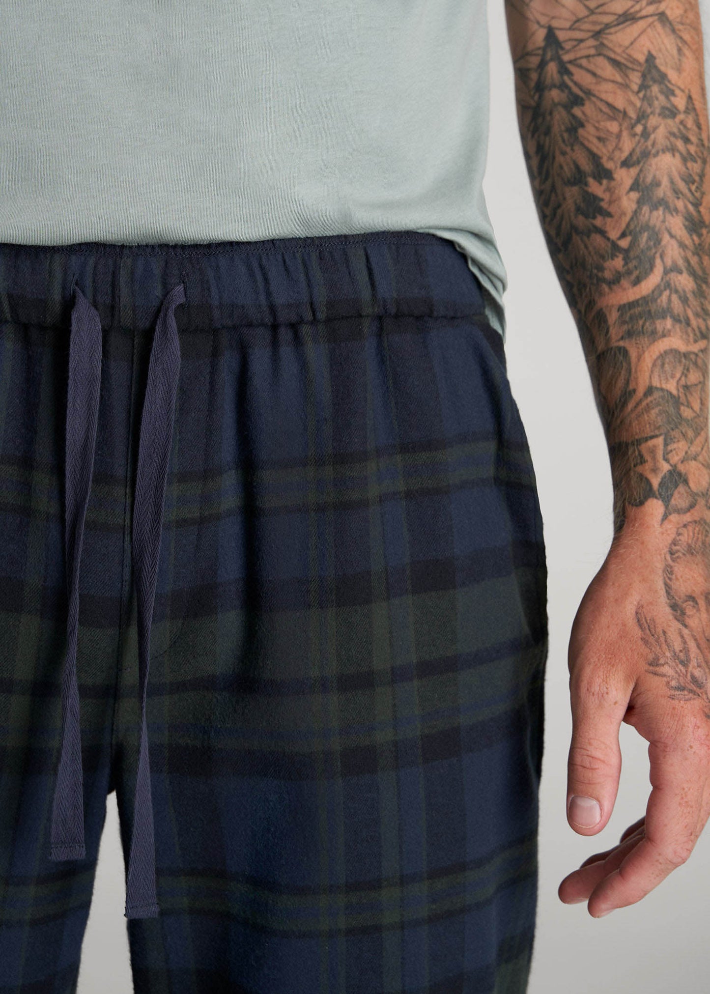 American Tall Men Plaid Pajama Pants for Tall Men in Olive & Dark Cobalt Plaid