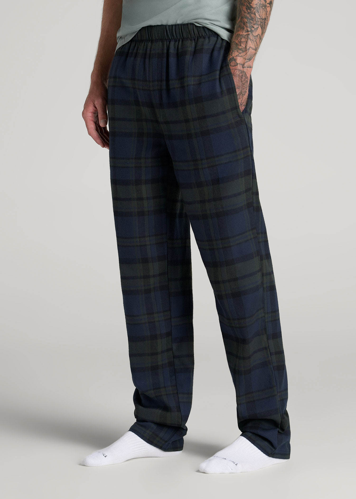 American Tall Men Plaid Pajama Pants for Tall Men in Olive & Dark Cobalt Plaid